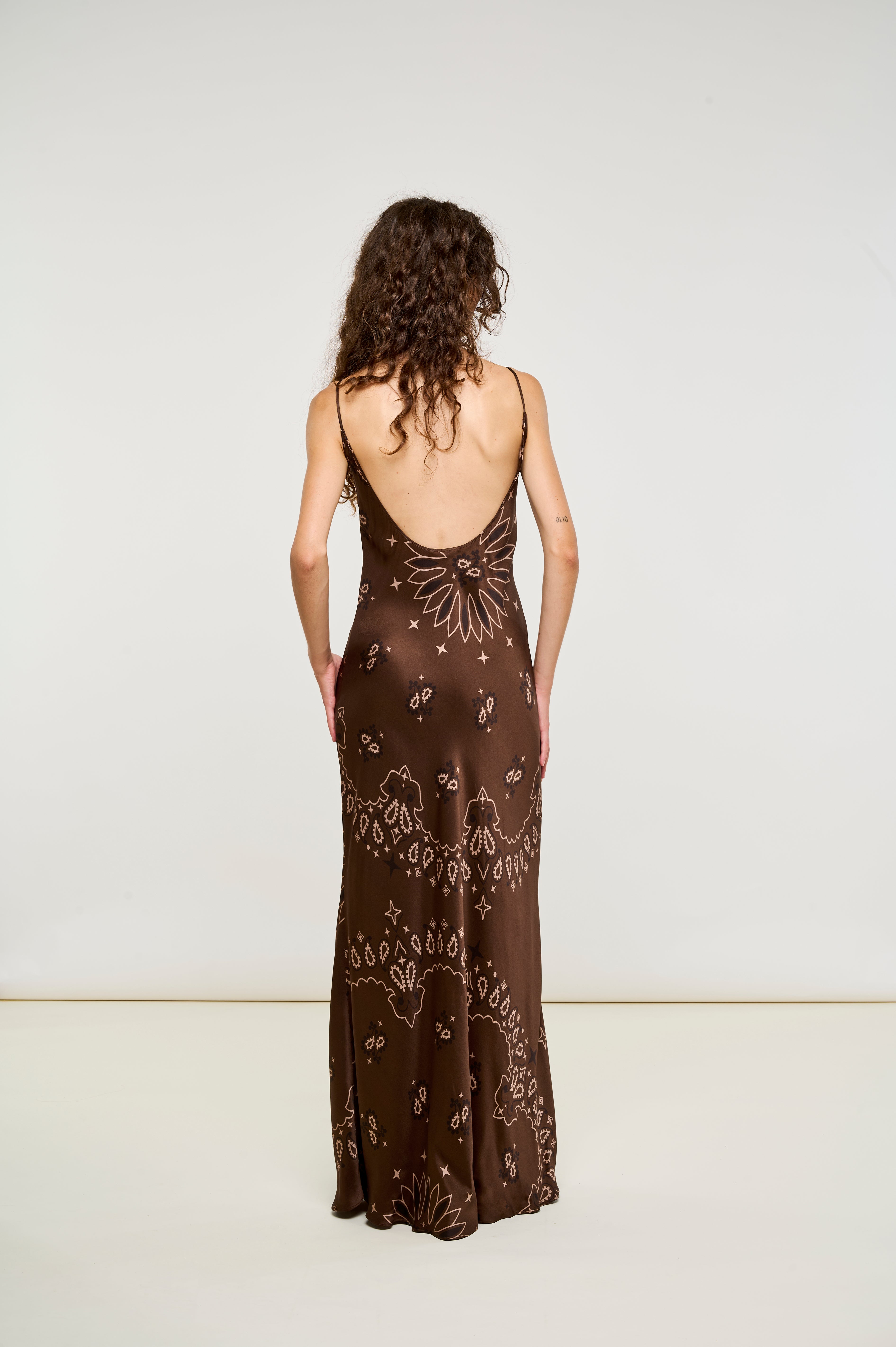 BROWN BANDANA SILK SATIN DRESS