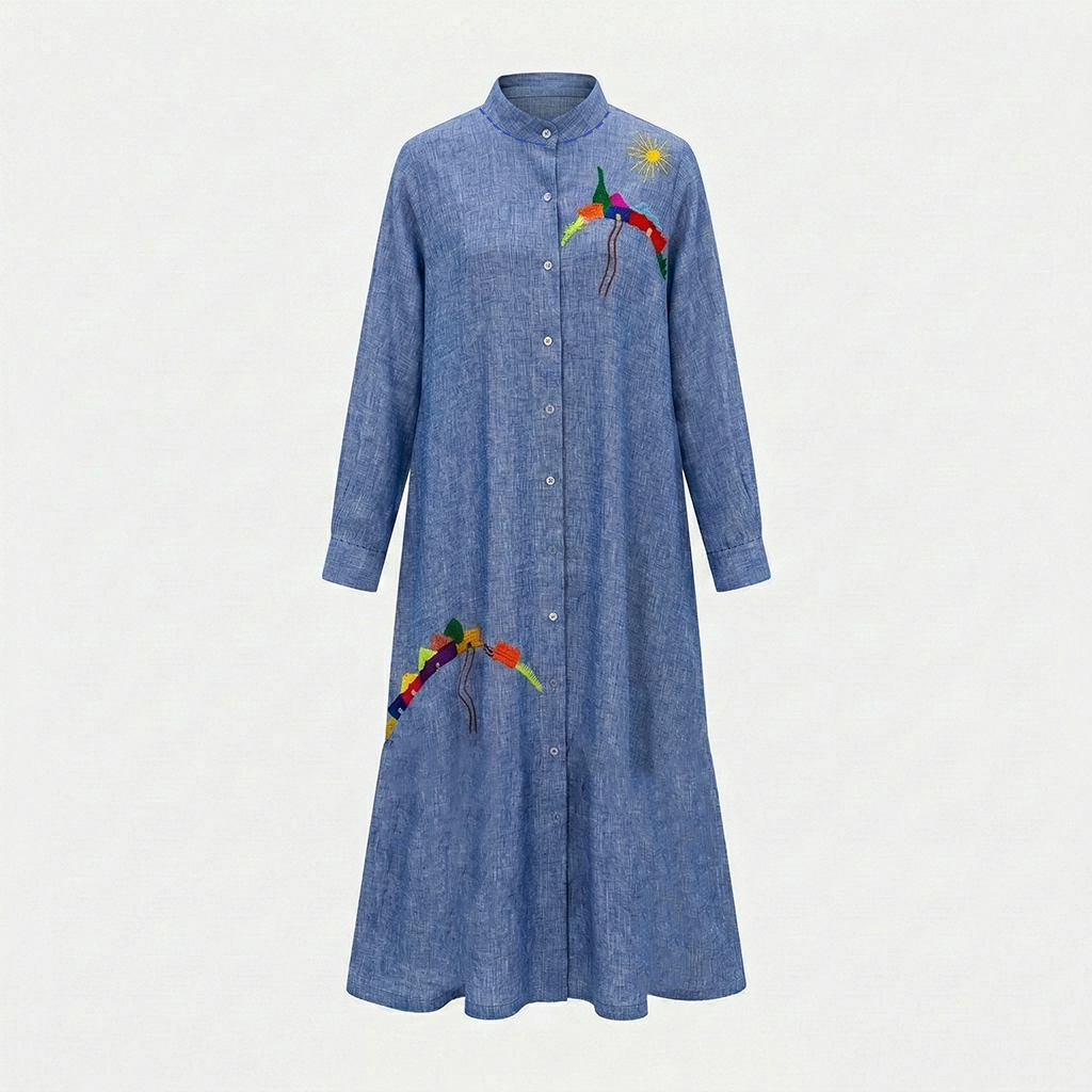 HORIZON LINEN SHIRT DRESS BABY BLUE WITH EMBROIDERY