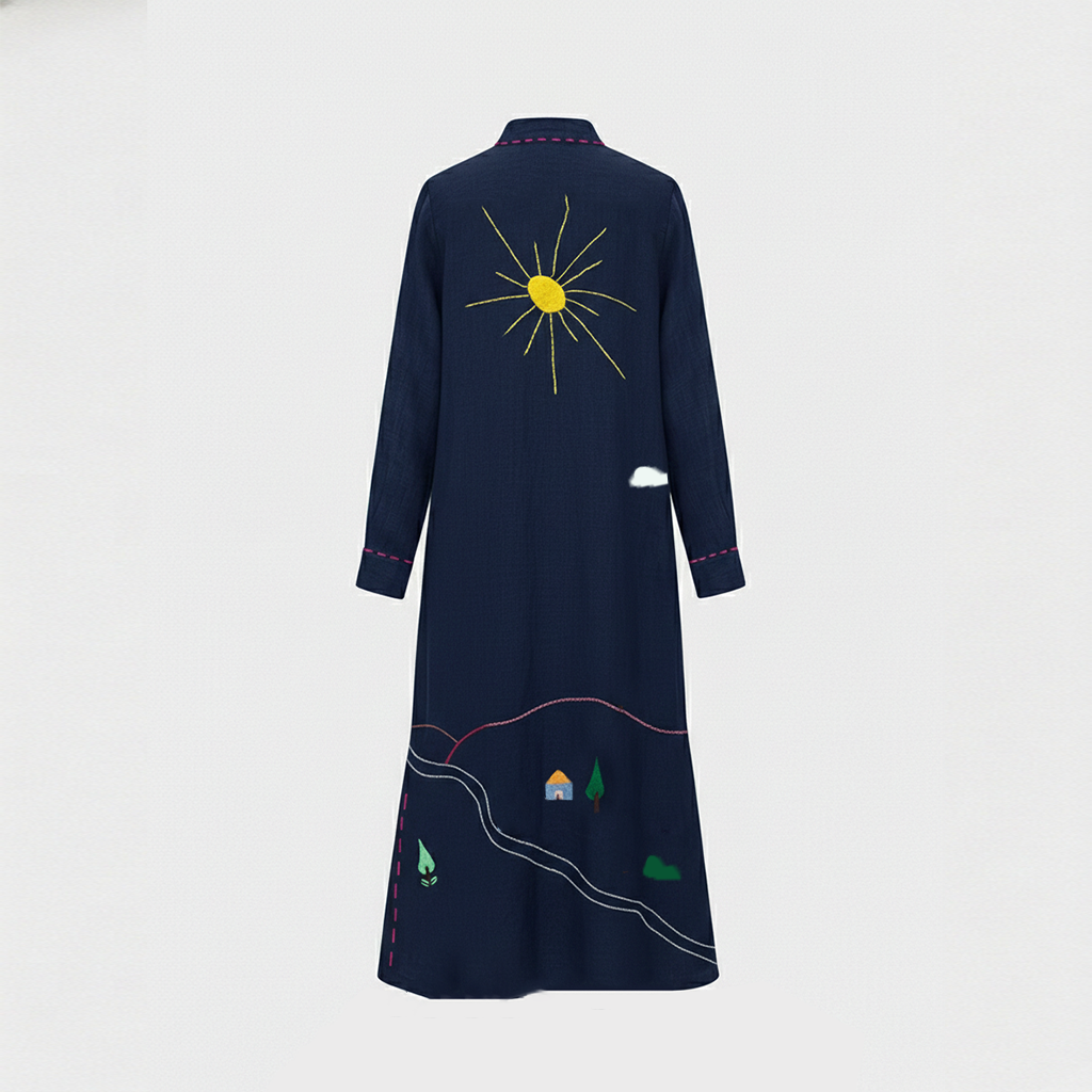 HORIZON LINEN SHIRT DRESS NAVY WITH EMBROIDERY