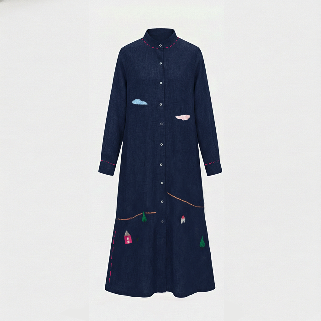 HORIZON LINEN SHIRT DRESS NAVY WITH EMBROIDERY