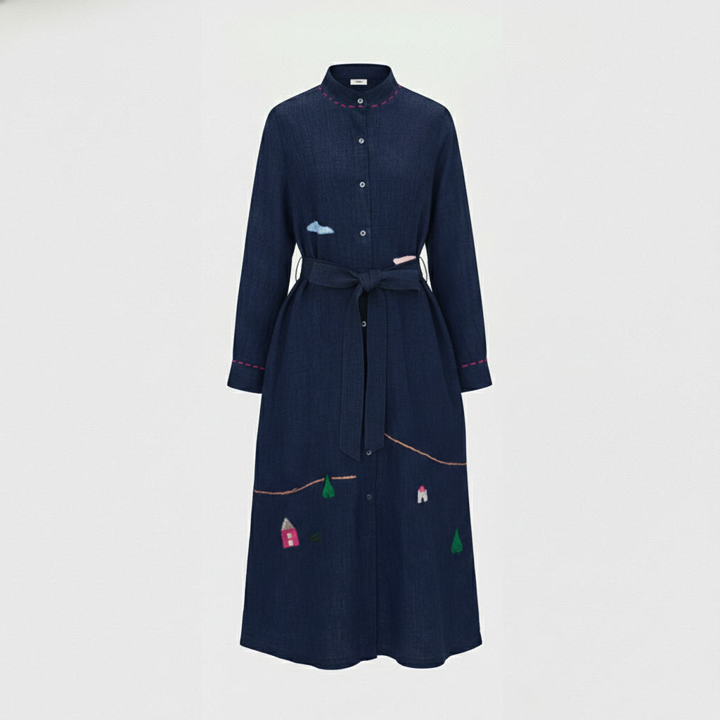 HORIZON LINEN SHIRT DRESS NAVY WITH EMBROIDERY