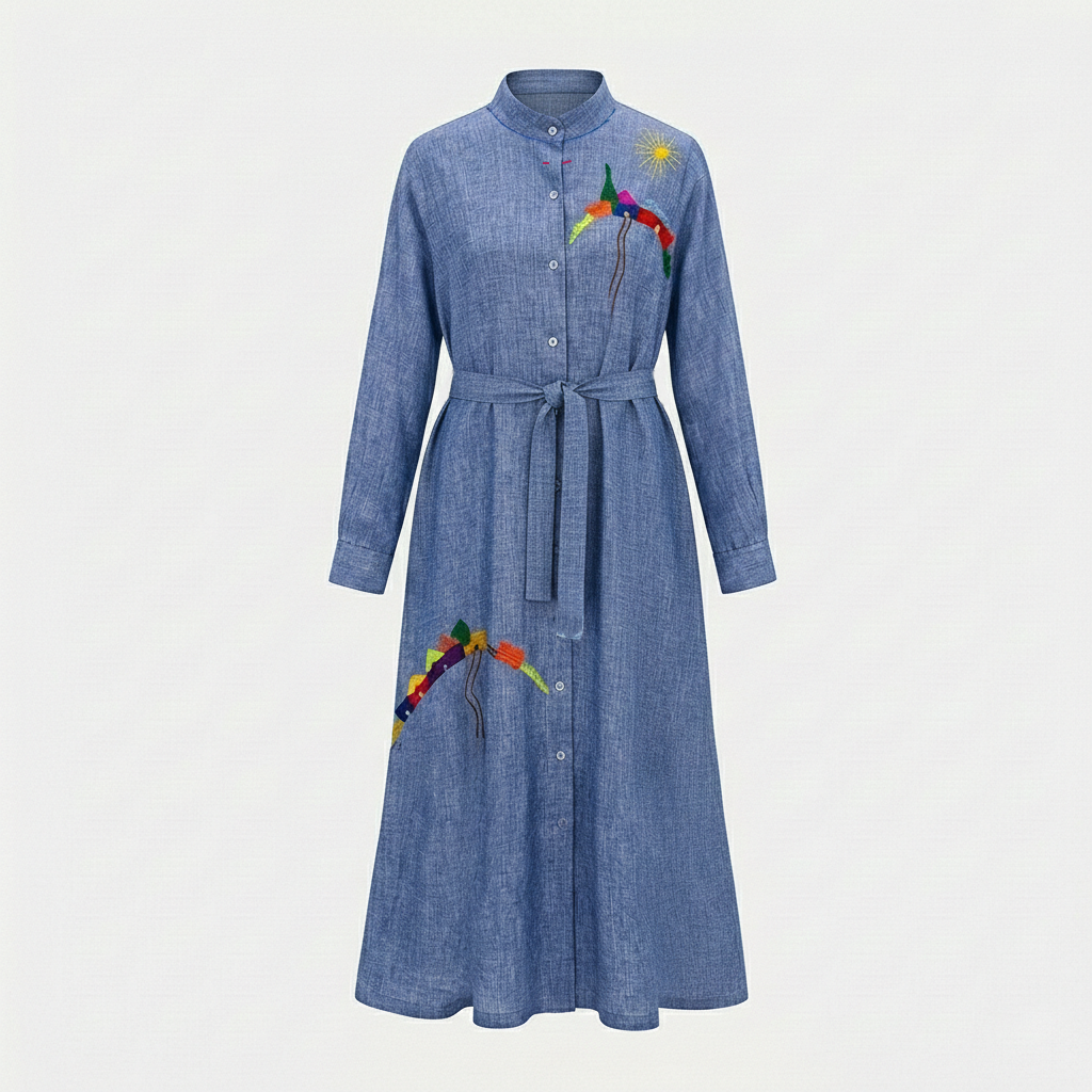 HORIZON LINEN SHIRT DRESS BABY BLUE WITH EMBROIDERY