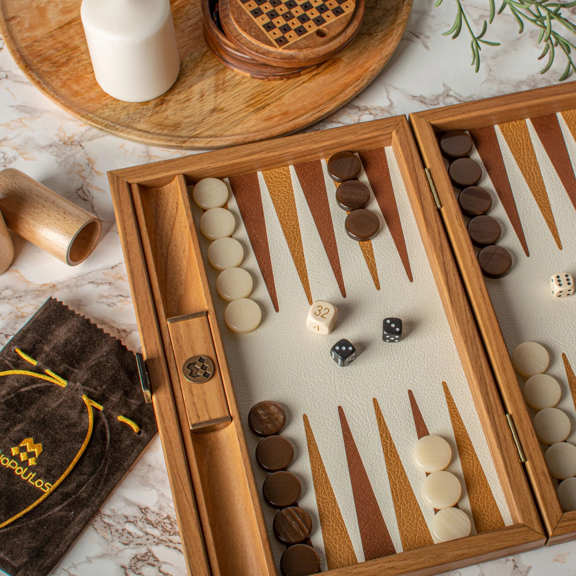 HANDCRAFTED WOVEN LEATHER BACKGAMMON SET YELLOW MUSTARD