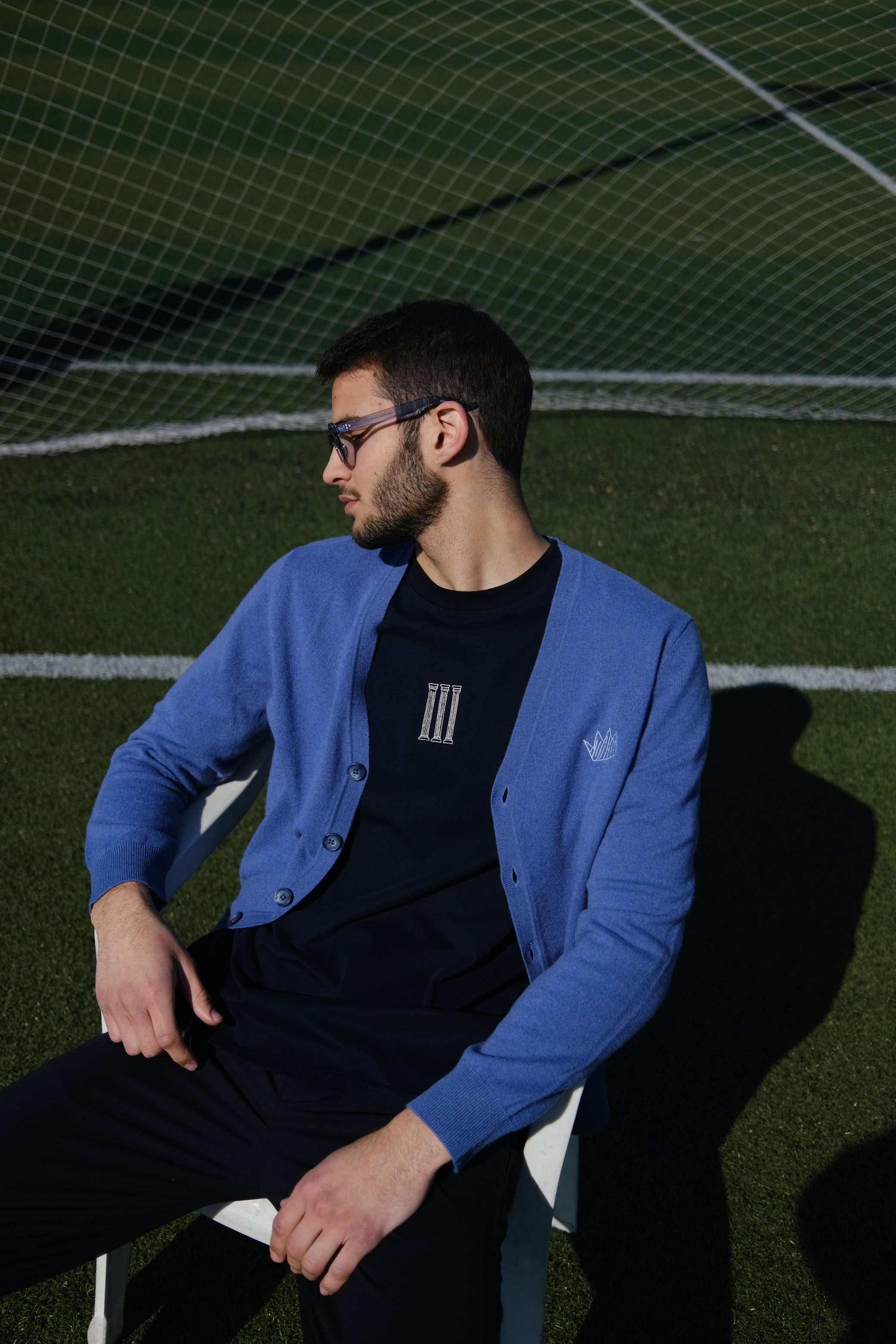 UNISEX MINI CROWN CARDIGAN, DENIM BLUE