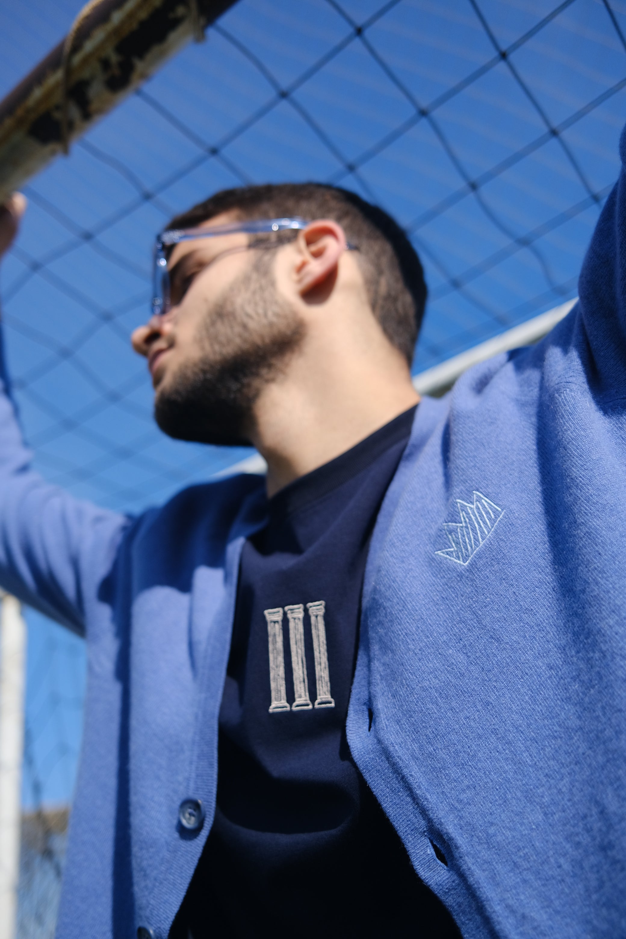 UNISEX MINI CROWN CARDIGAN, DENIM BLUE