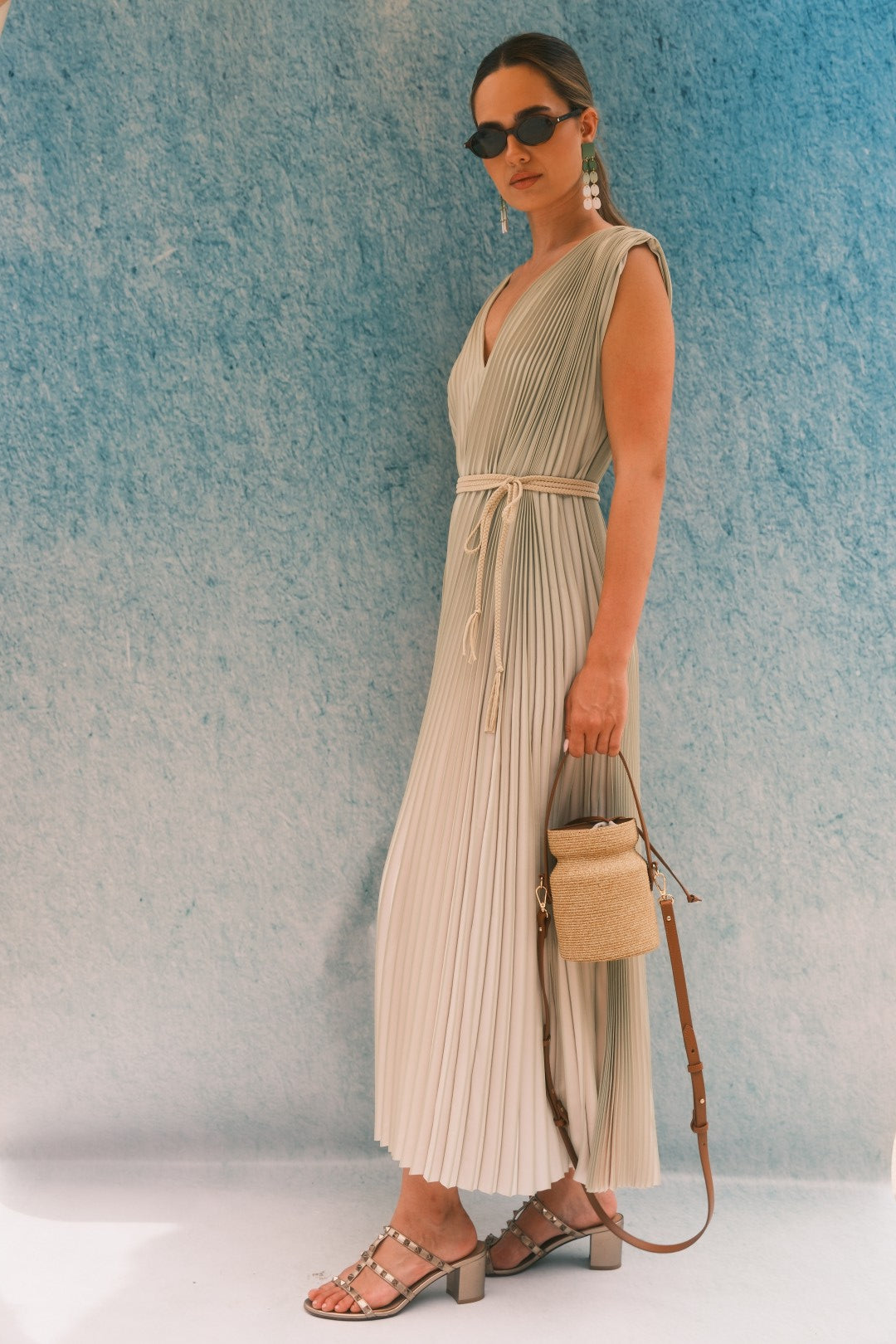 ANNALISA PLEATED LONG DRESS GREEN/BLACK