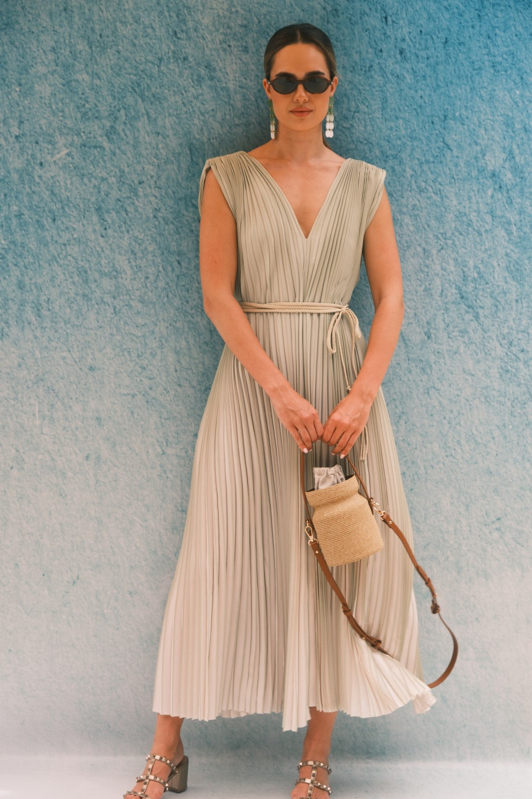 ANNALISA PLEATED LONG DRESS GREEN/BLACK