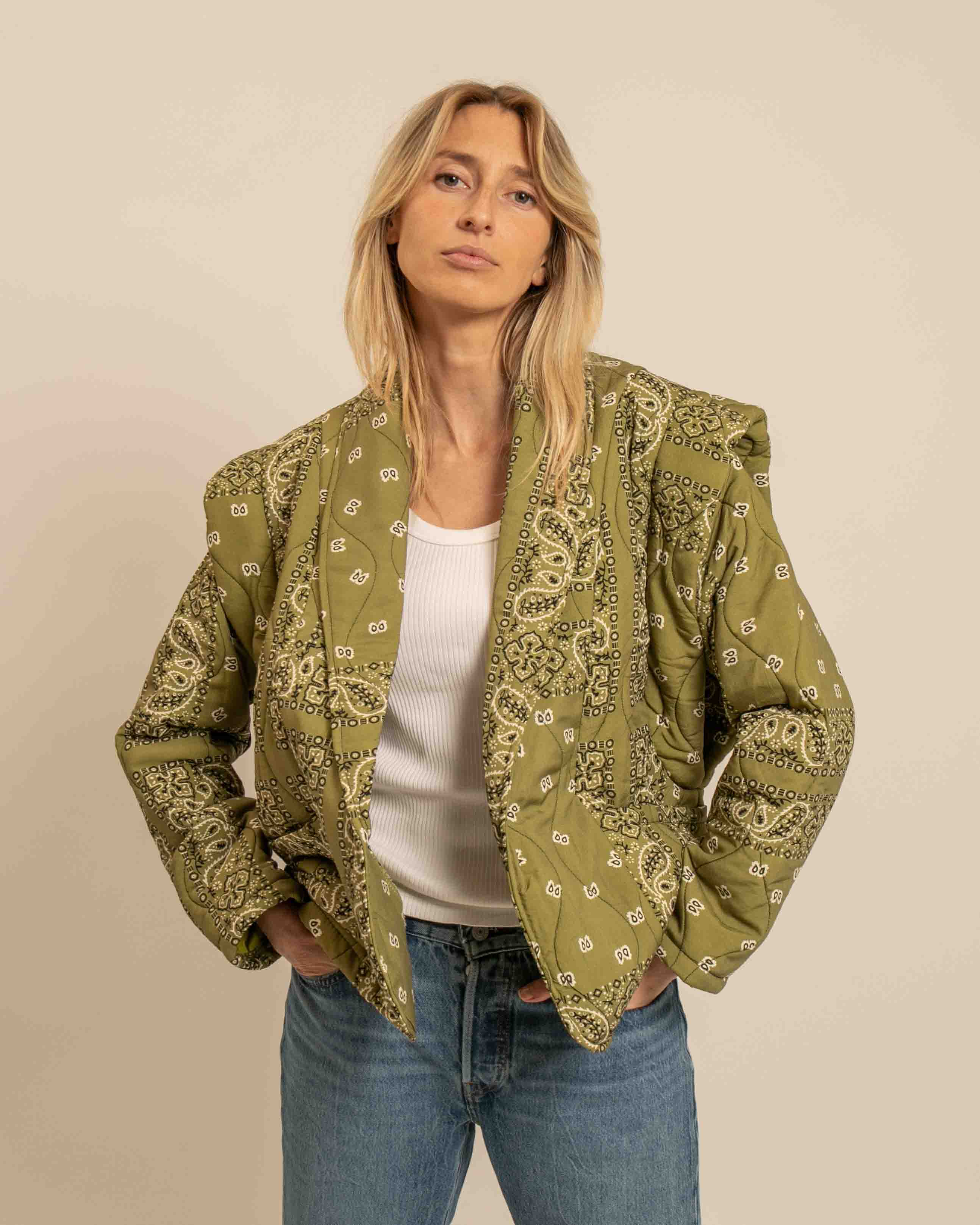 SAN FRANSISCO3 KIMONO VEST BANDANA PRINT OLIVE