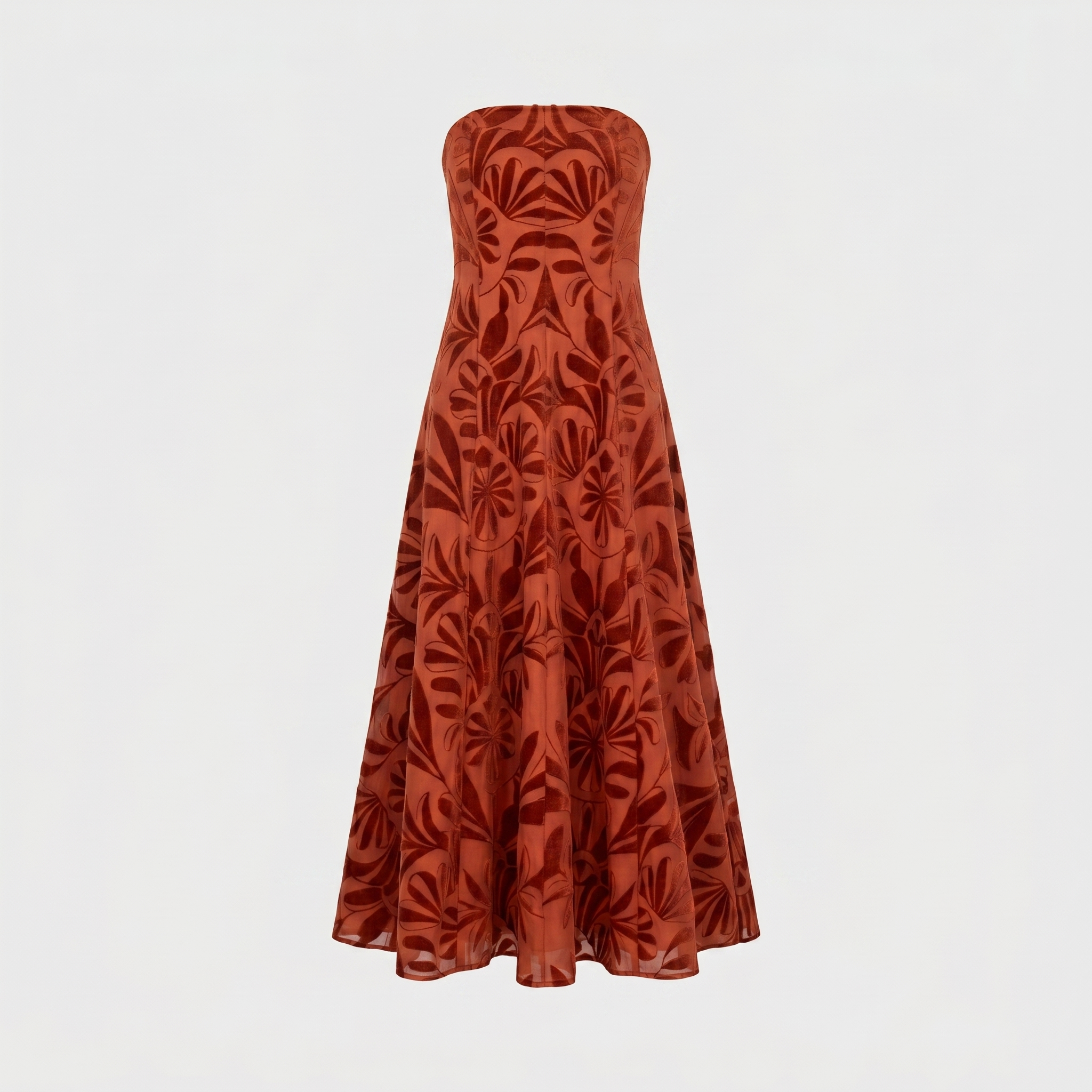 SIENNA TERRACOTTA STRAPLESS FLOWER EMBROIDERY DRESS