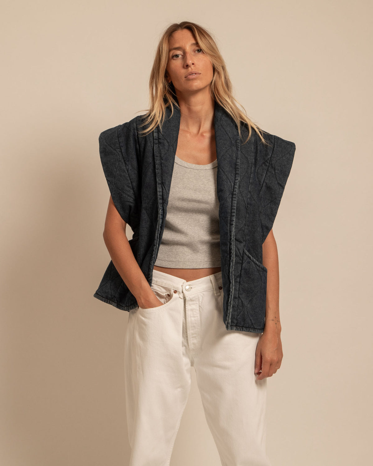 BROOK1 DENIM SLEEVELESS VEST INDIGO RINSE