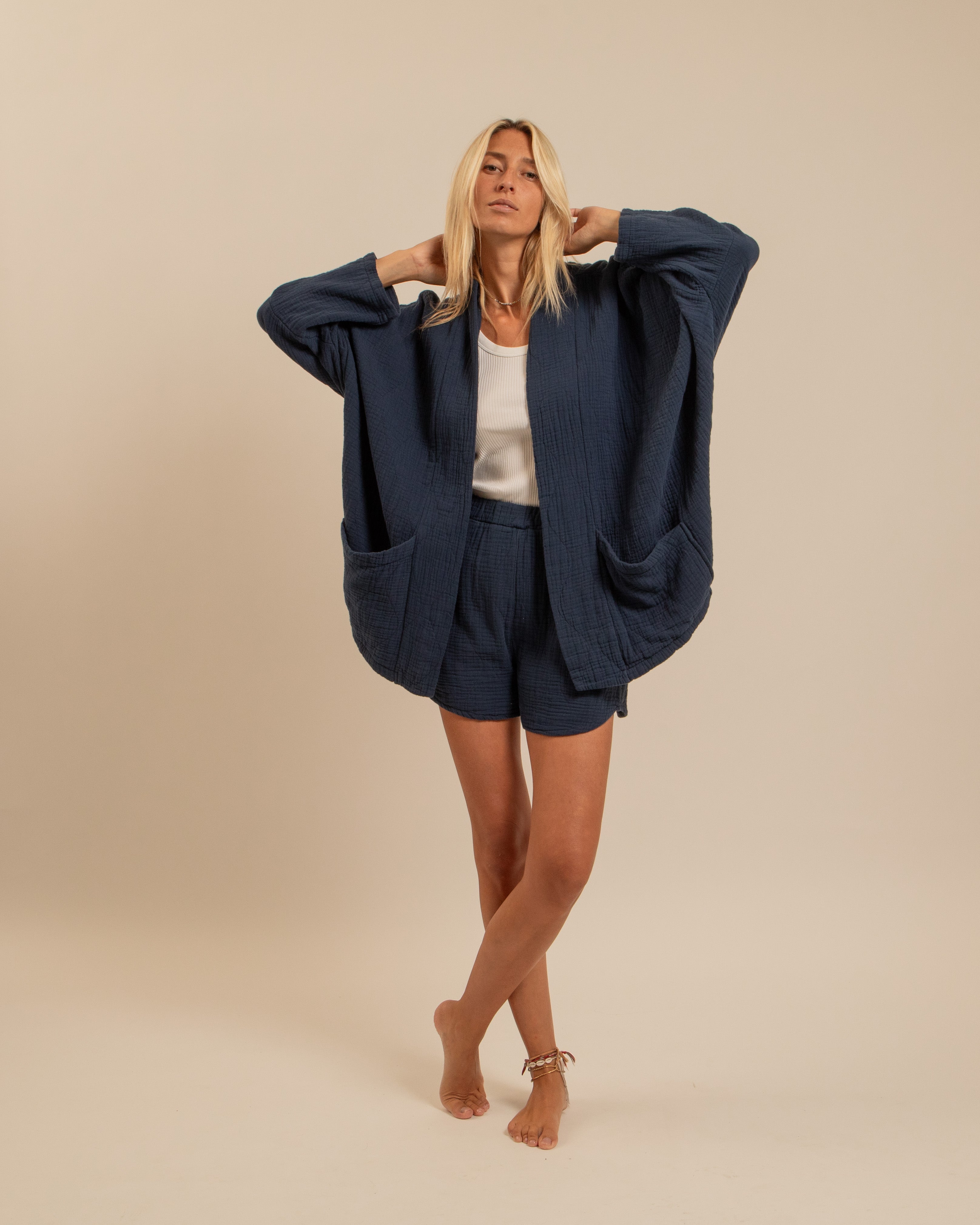 CHICAGO1 KIMONO VEST PLAIN NAVY