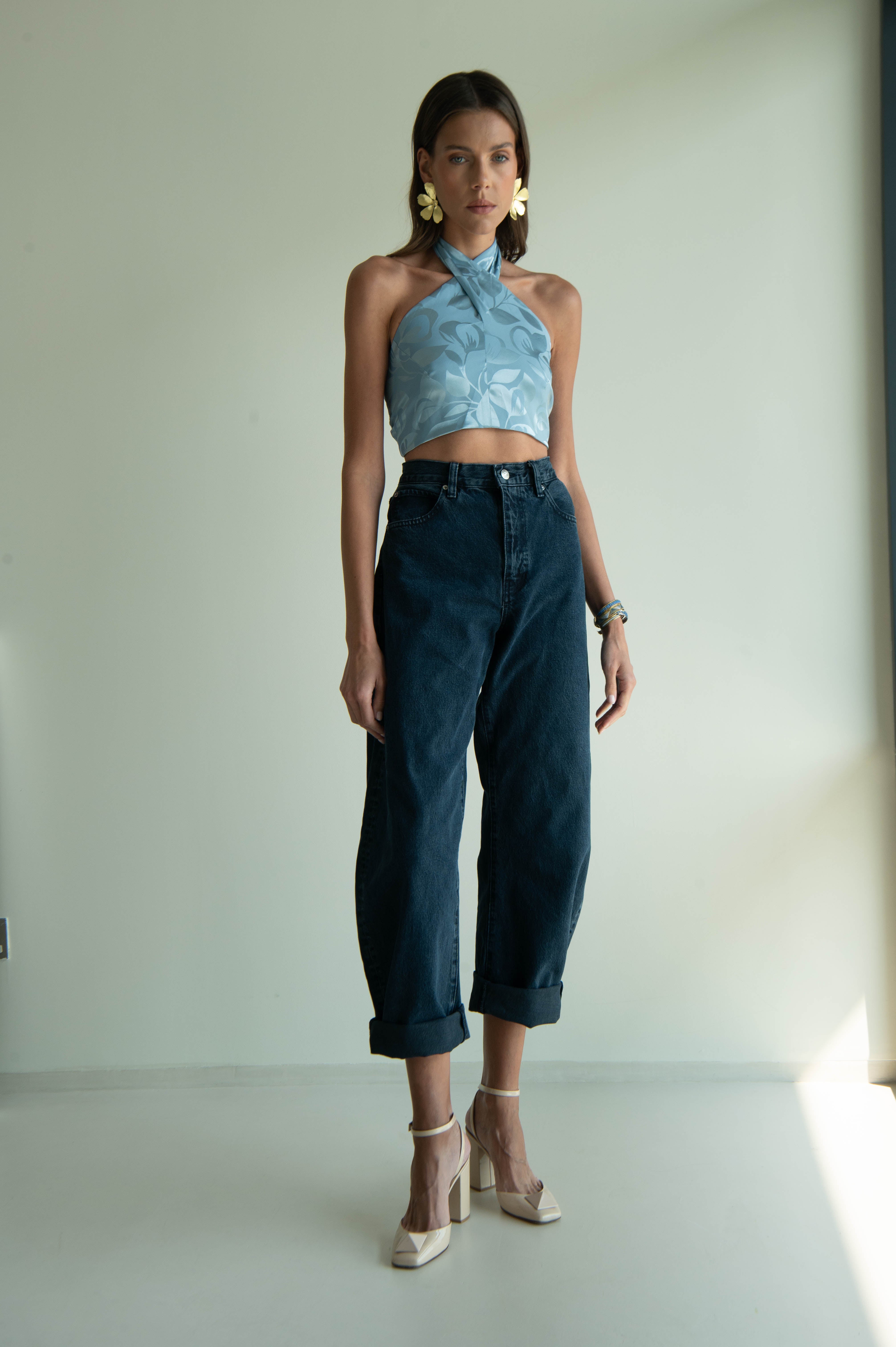 AYA JACQUARD TOP BLEU GRIS