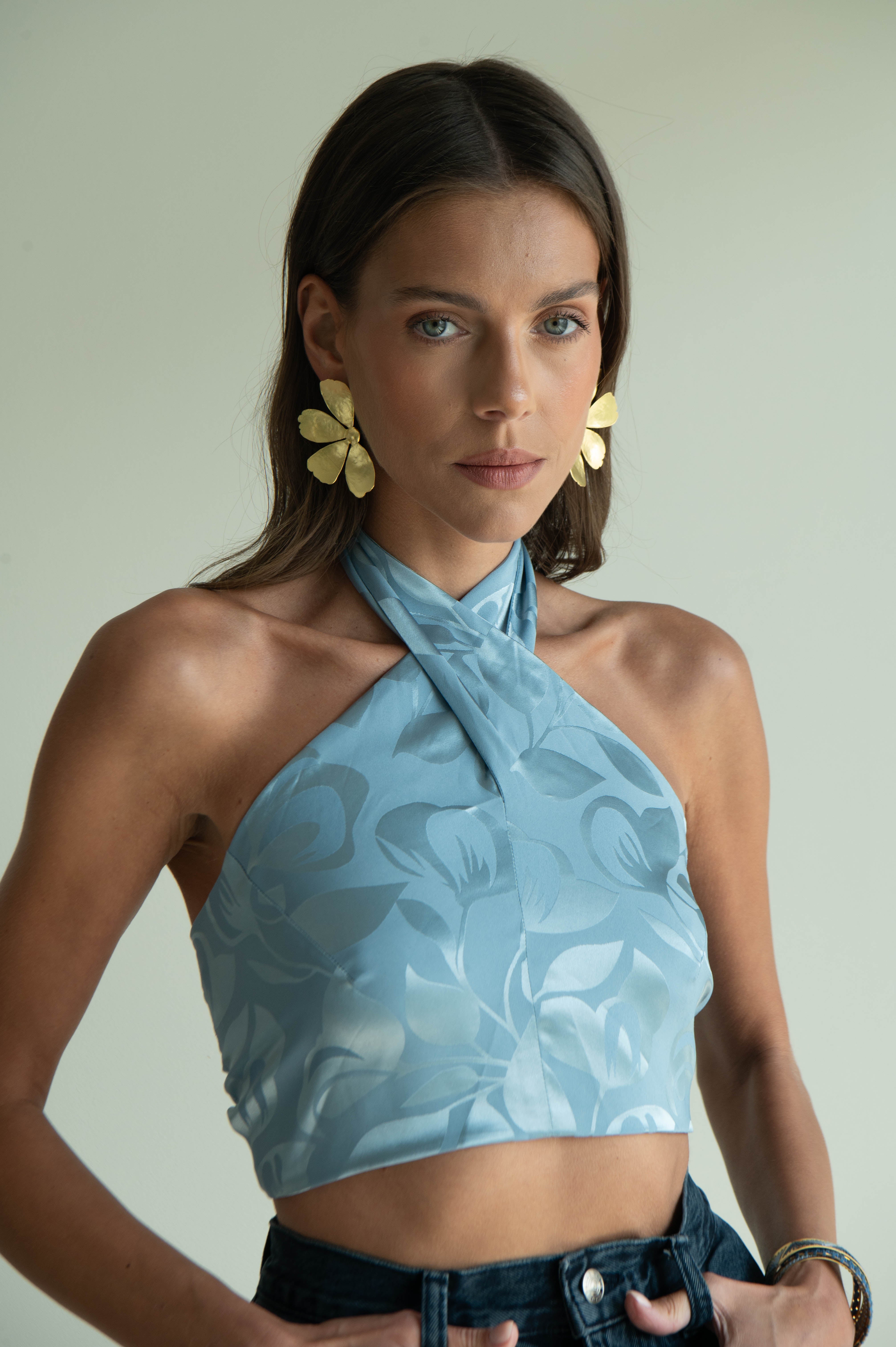 AYA JACQUARD TOP BLEU GRIS