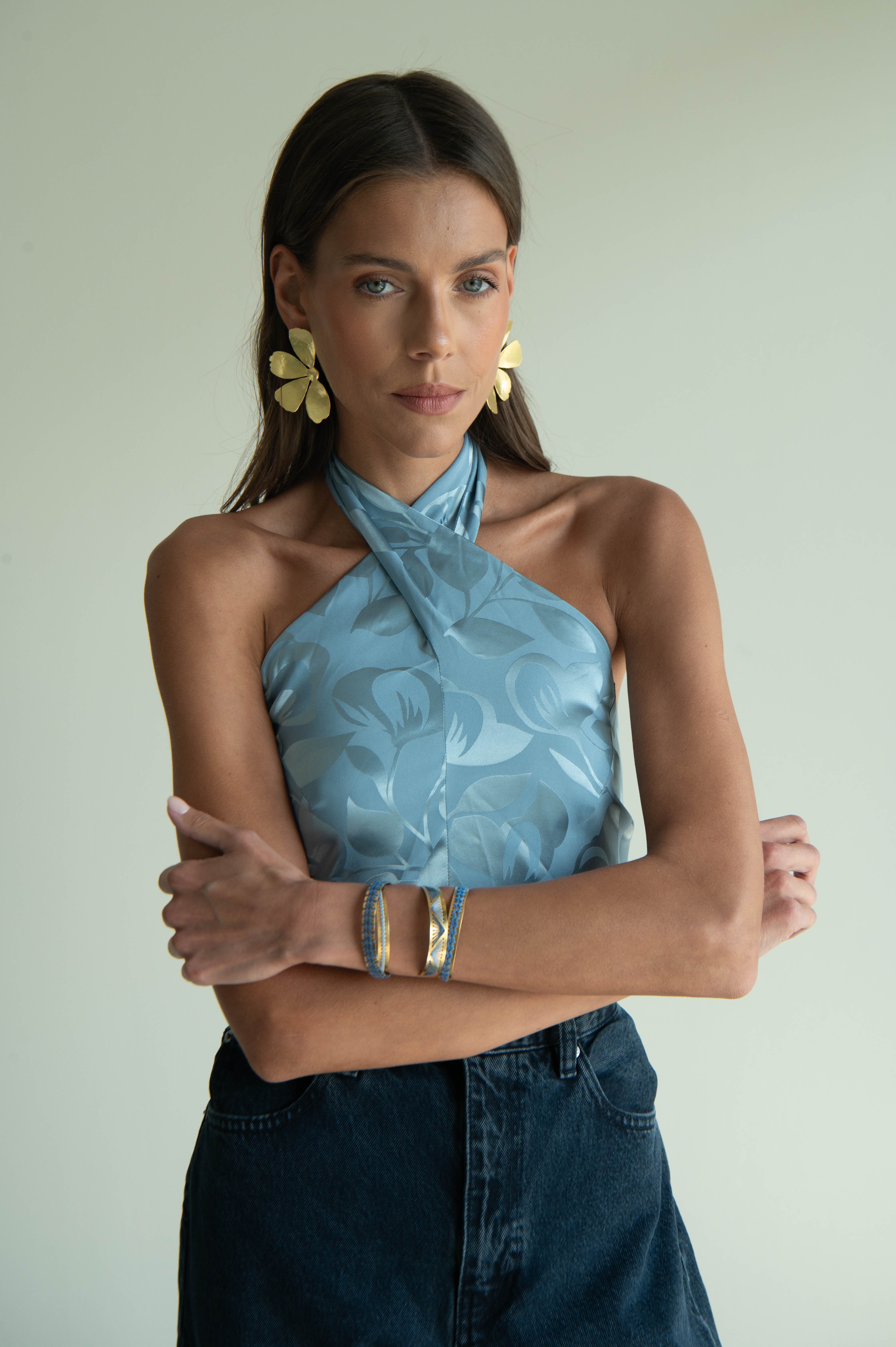 AYA JACQUARD TOP BLEU GRIS