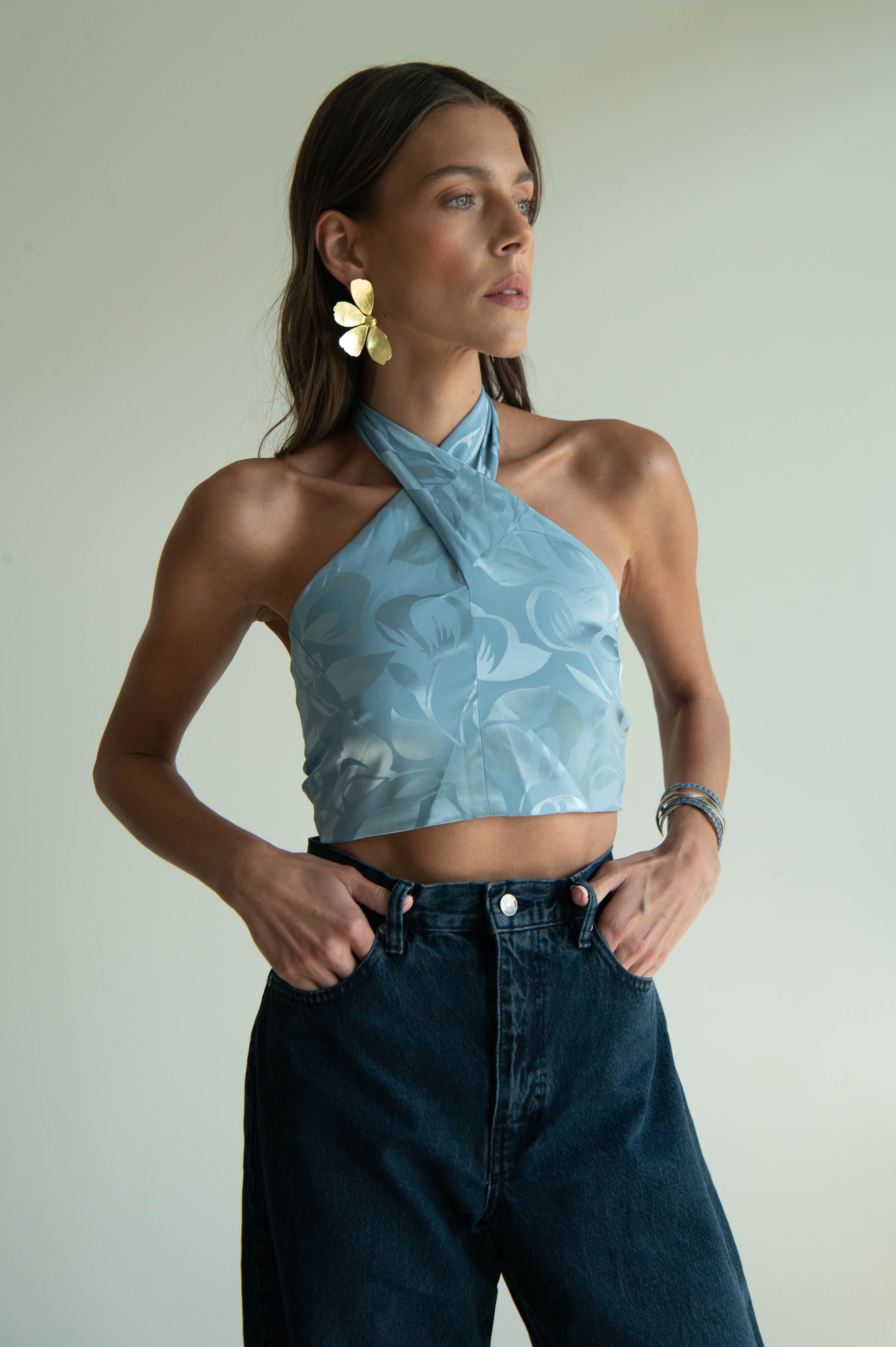 AYA JACQUARD TOP BLEU GRIS