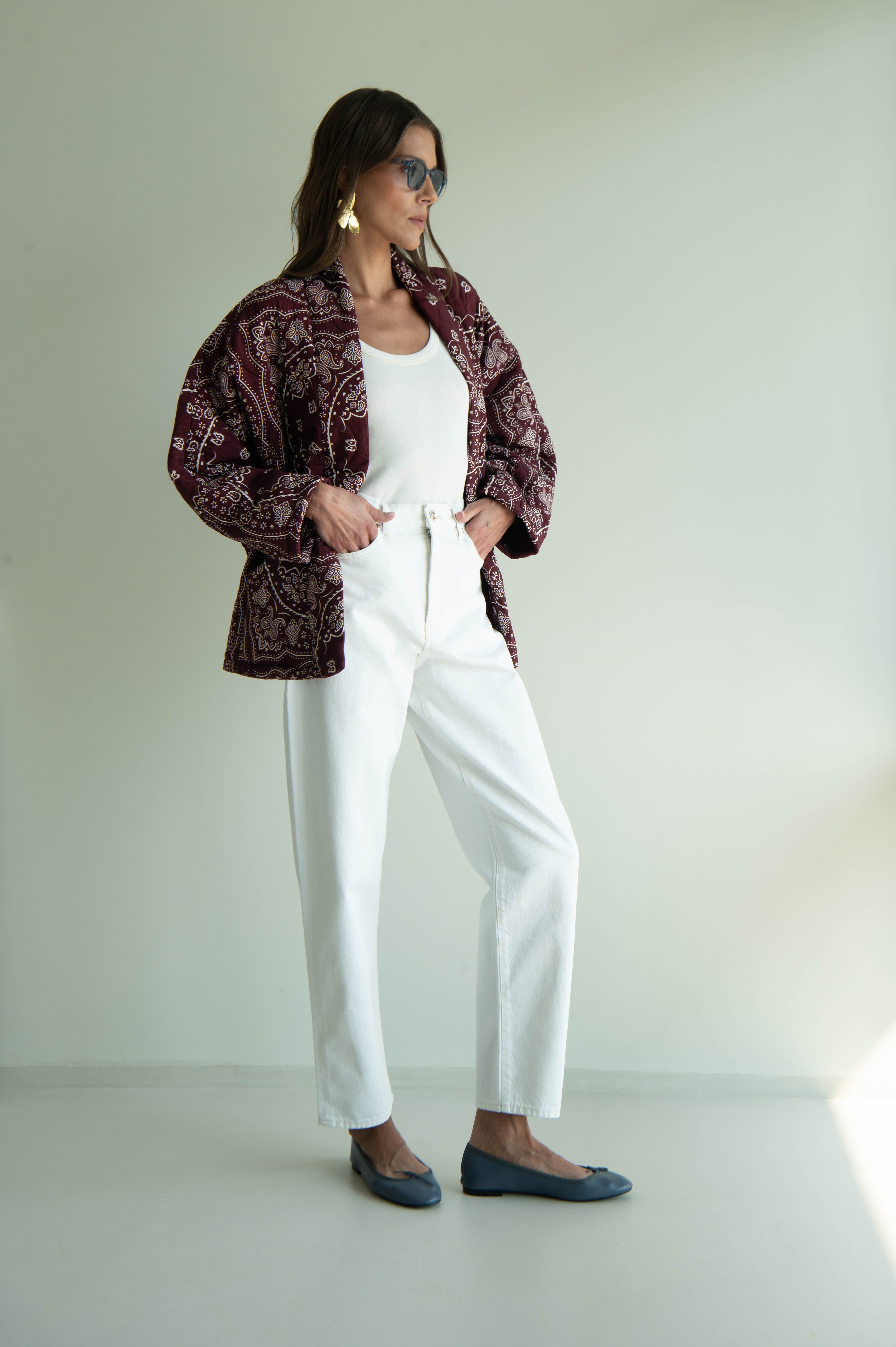 CHICAGO4 VEST BANDANA PRINT KIMONO BURGUNDY