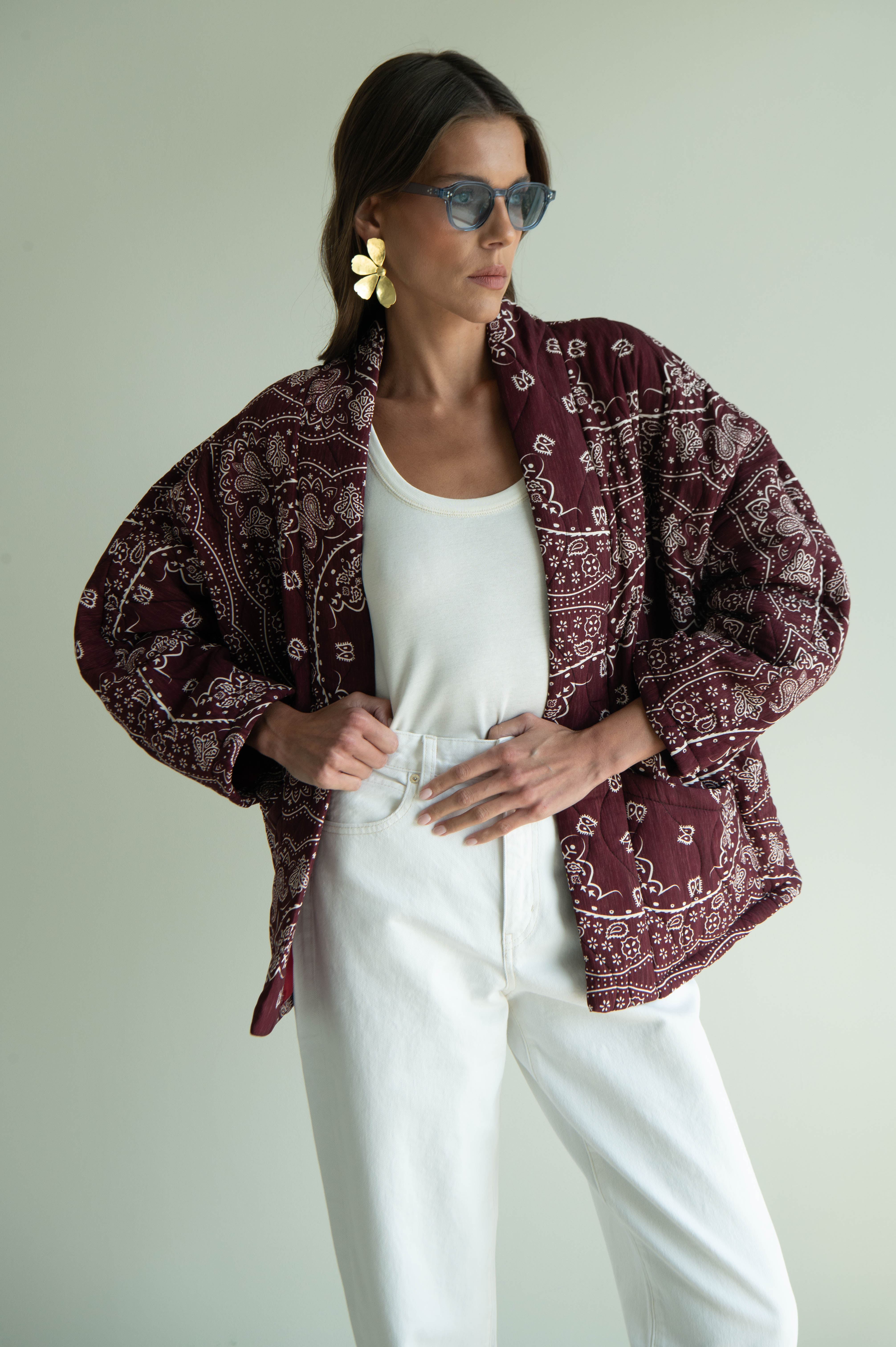 CHICAGO4 VEST BANDANA PRINT KIMONO BURGUNDY