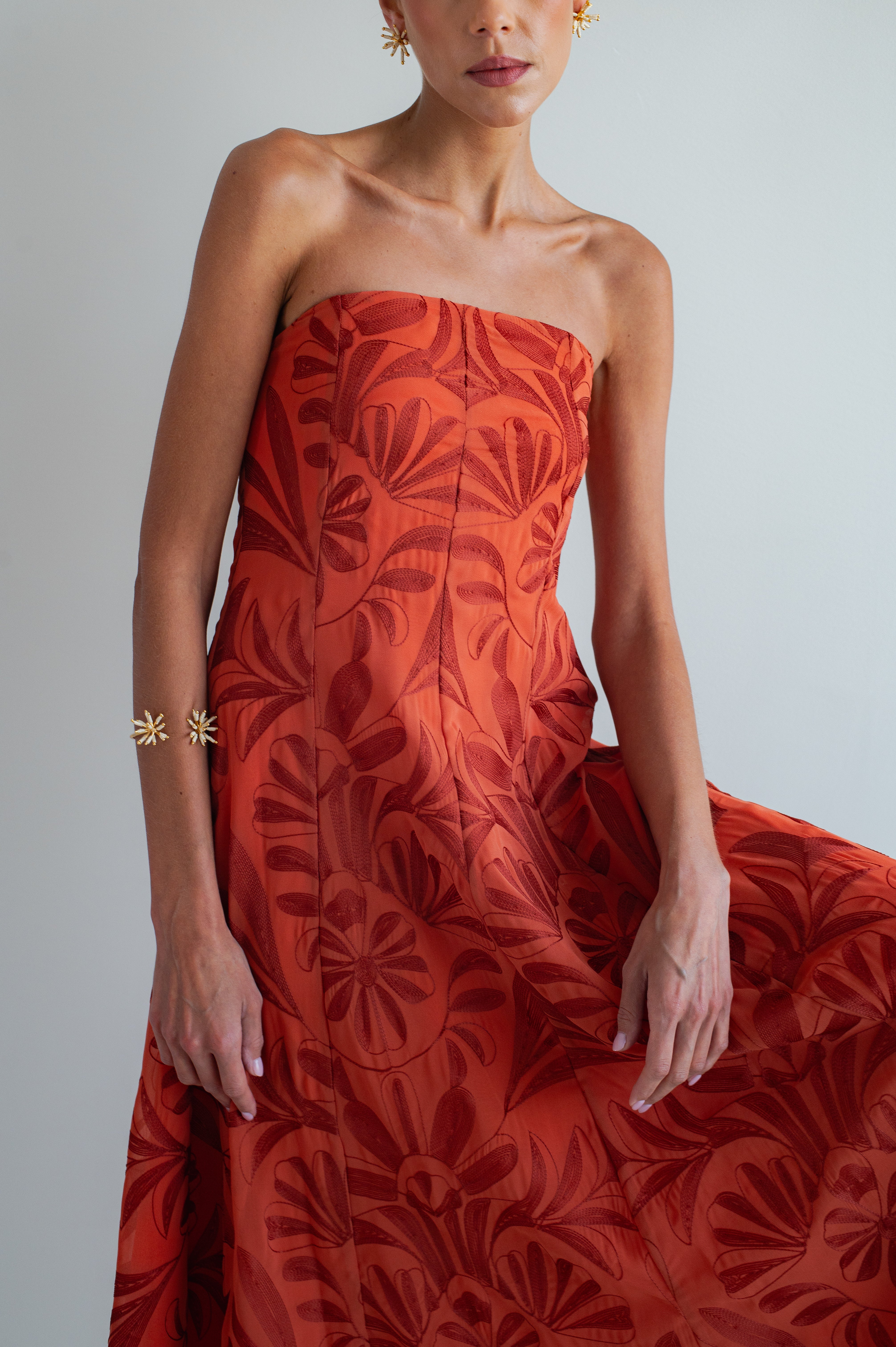 SIENNA TERRACOTTA STRAPLESS FLOWER EMBROIDERY DRESS