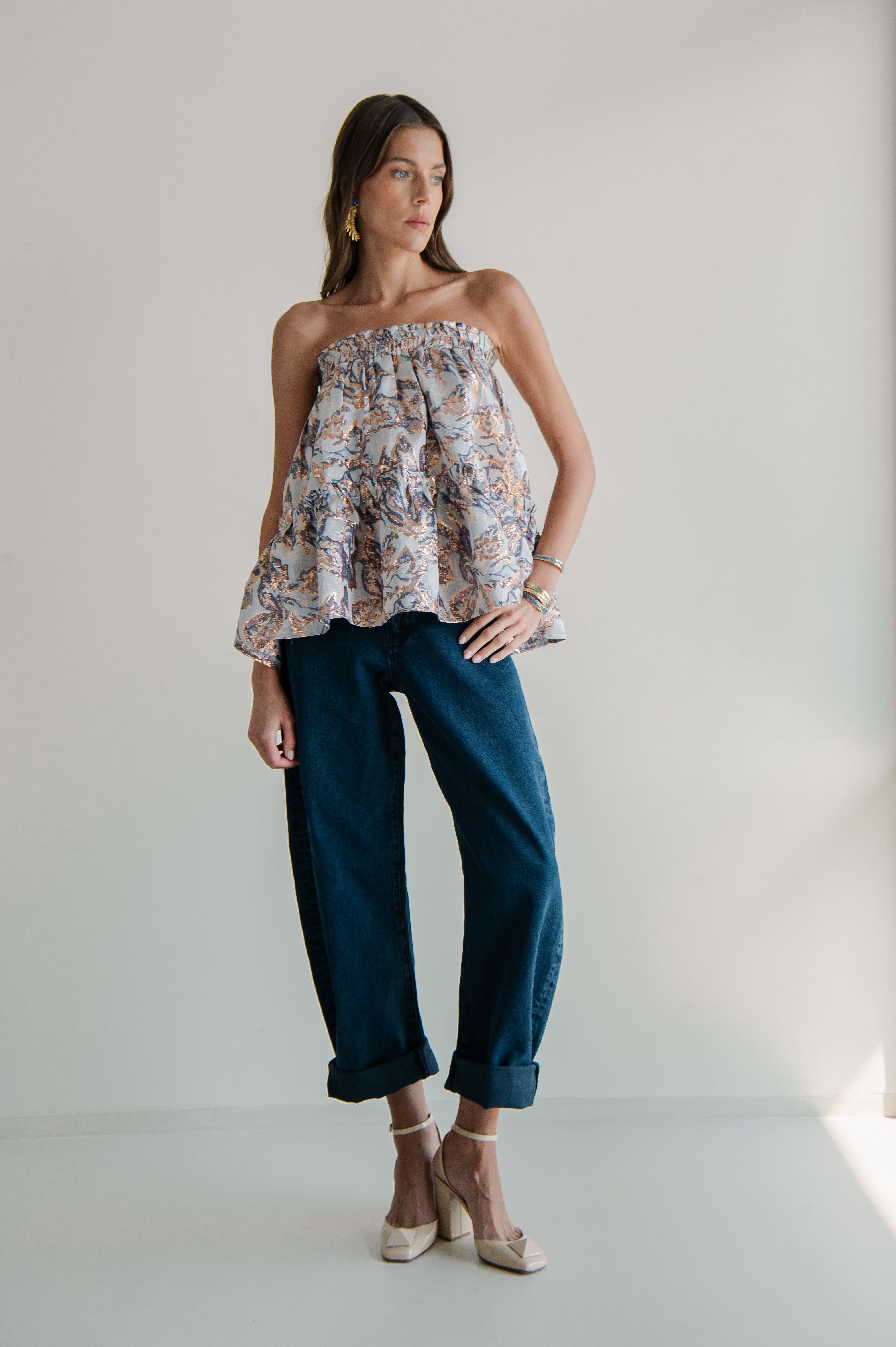 TIA ABSTRACT METALLIC STRAPLESS MULTI TOP