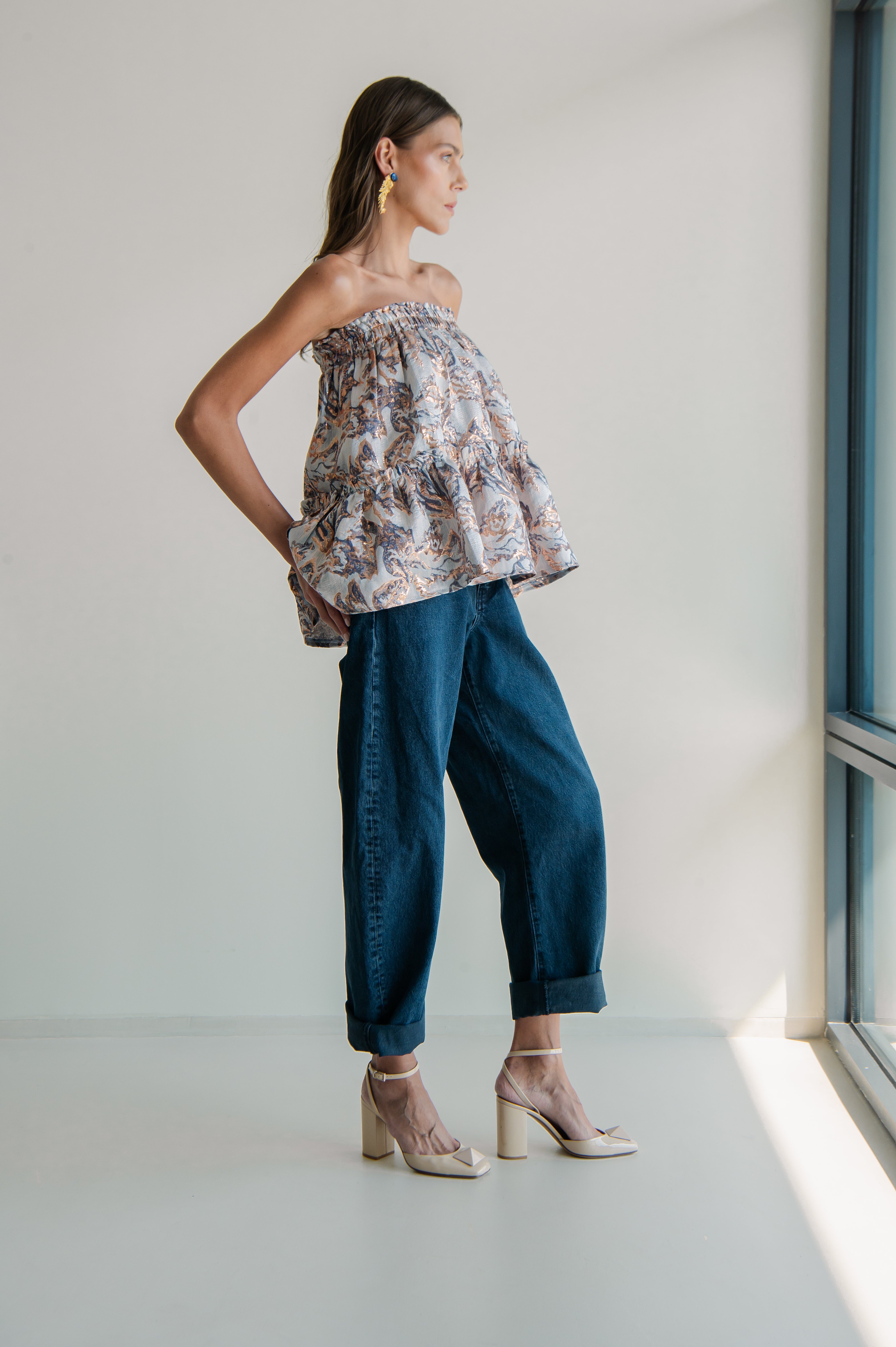 TIA ABSTRACT METALLIC STRAPLESS MULTI TOP