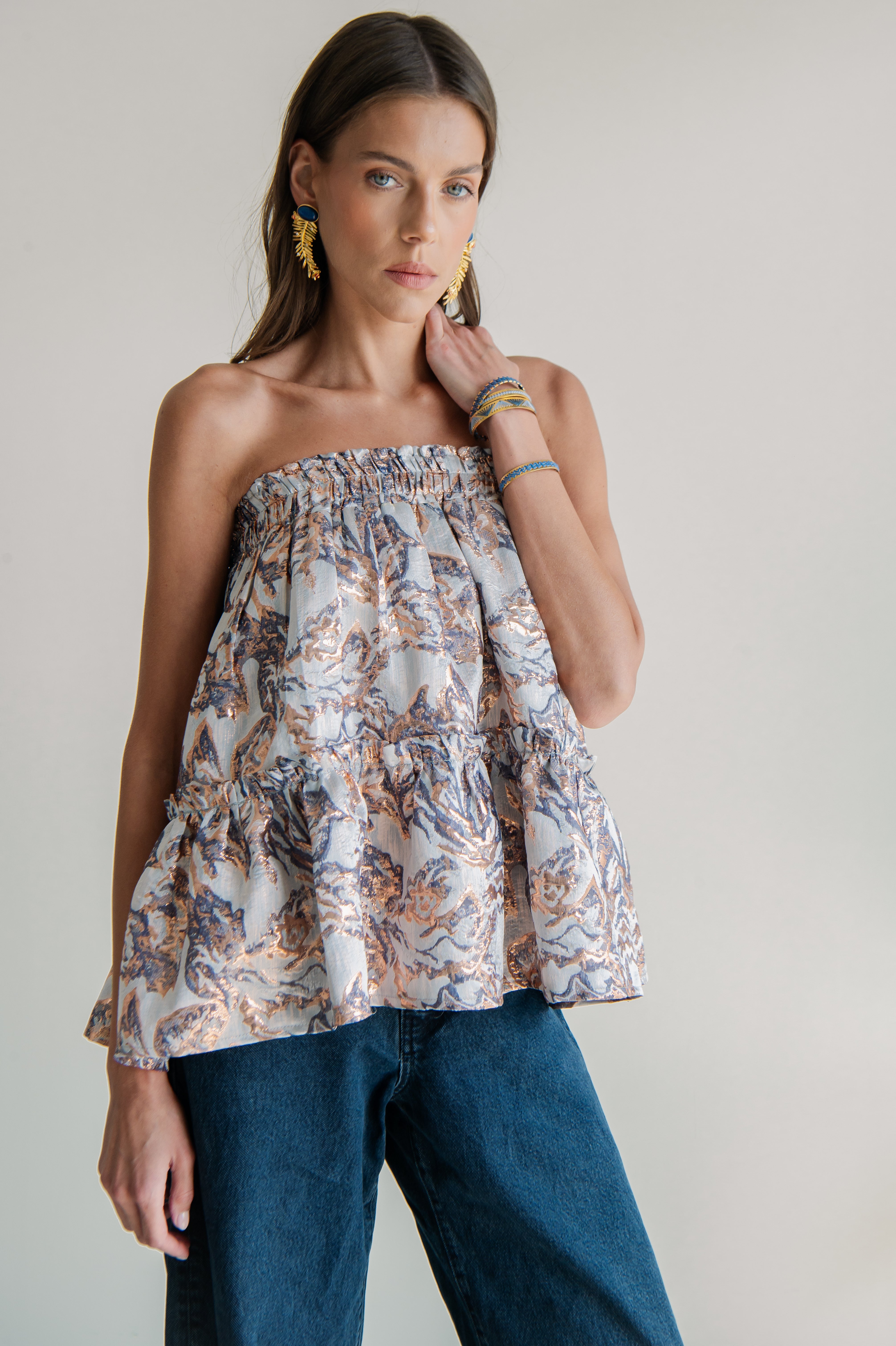 TIA ABSTRACT METALLIC STRAPLESS MULTI TOP