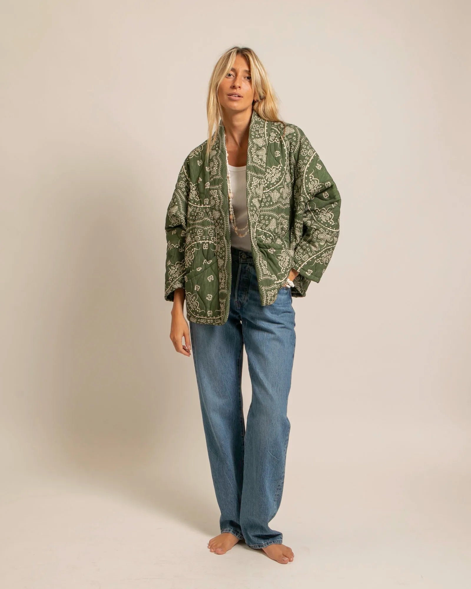 CHICAGO4 VEST BANDANA PRINT KIMONO KHAKI