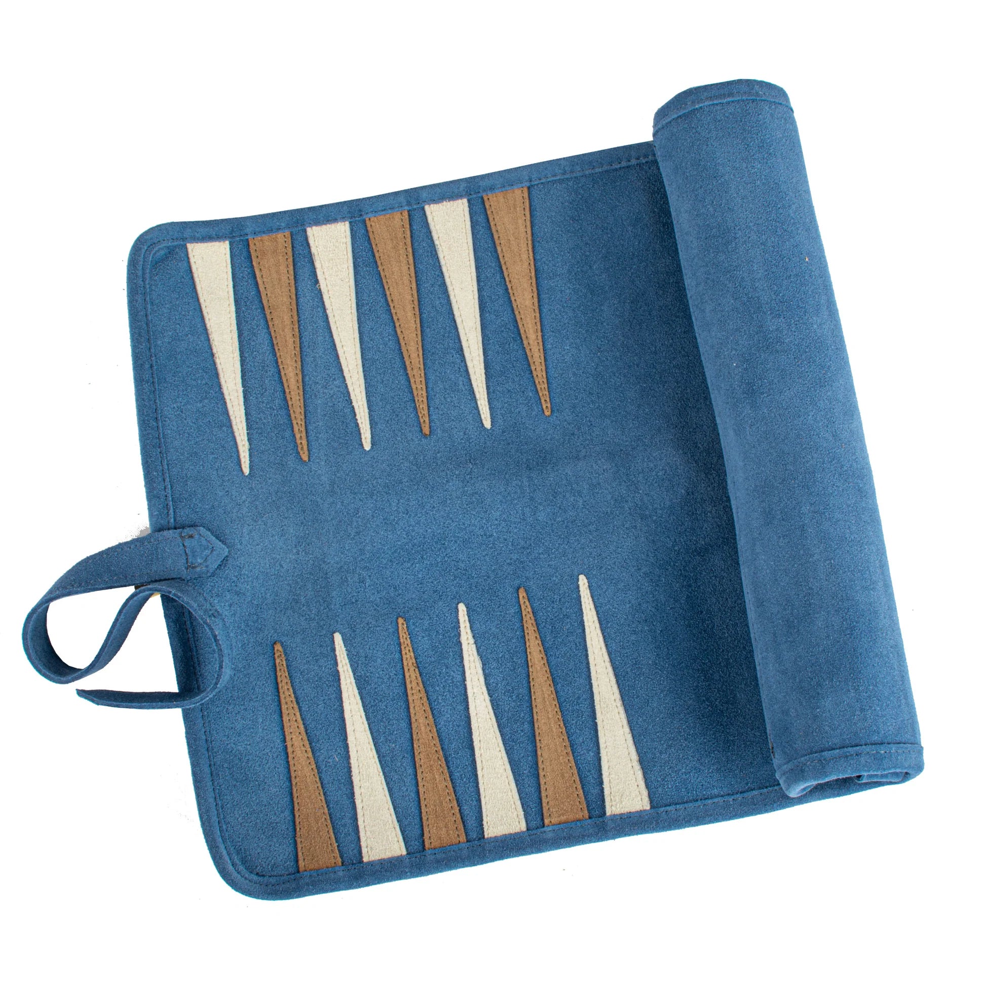 PREMIUM HANDCRAFTED DENIM BLUE SUEDE ROLL-UP BACKGAMMON SET