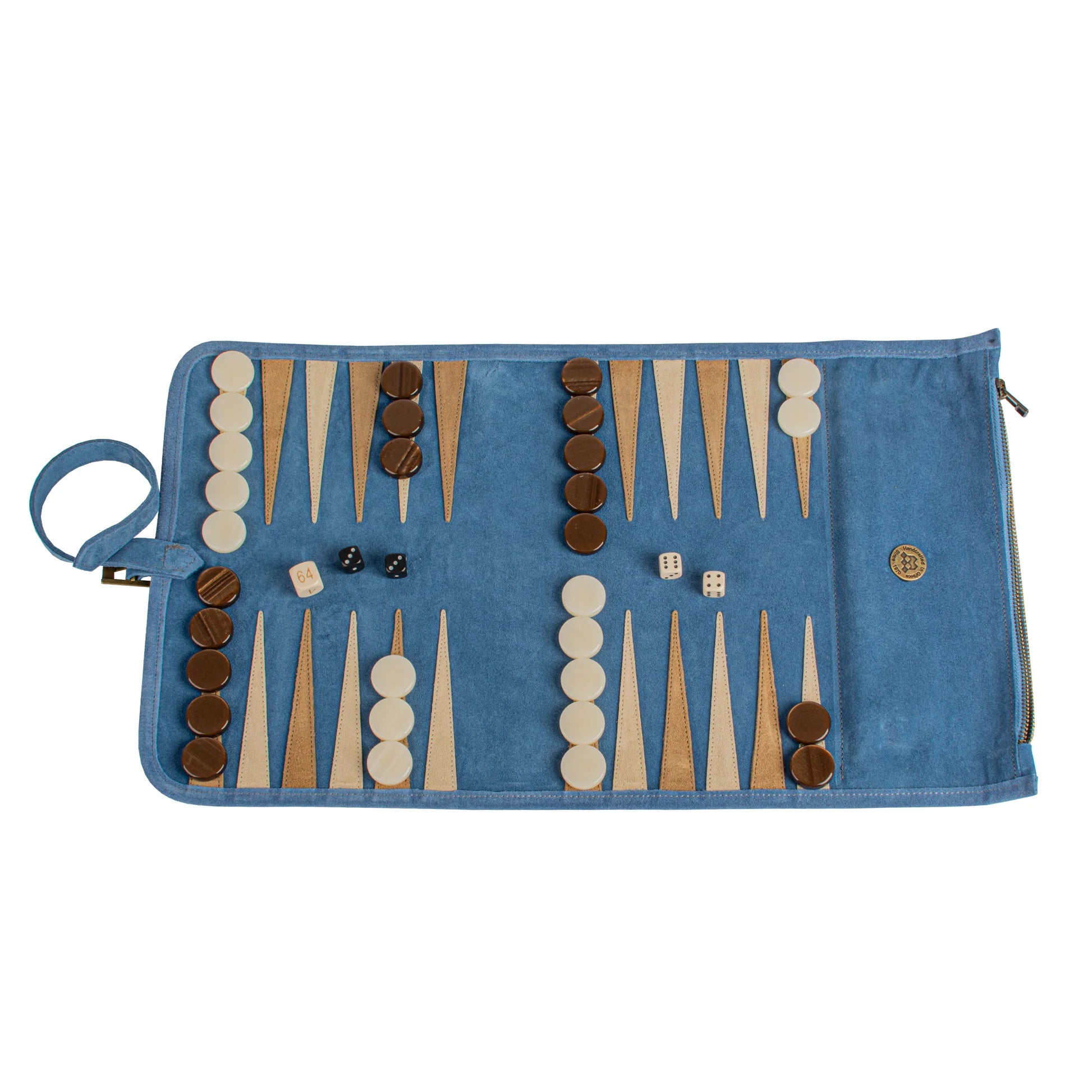 PREMIUM HANDCRAFTED DENIM BLUE SUEDE ROLL-UP BACKGAMMON SET