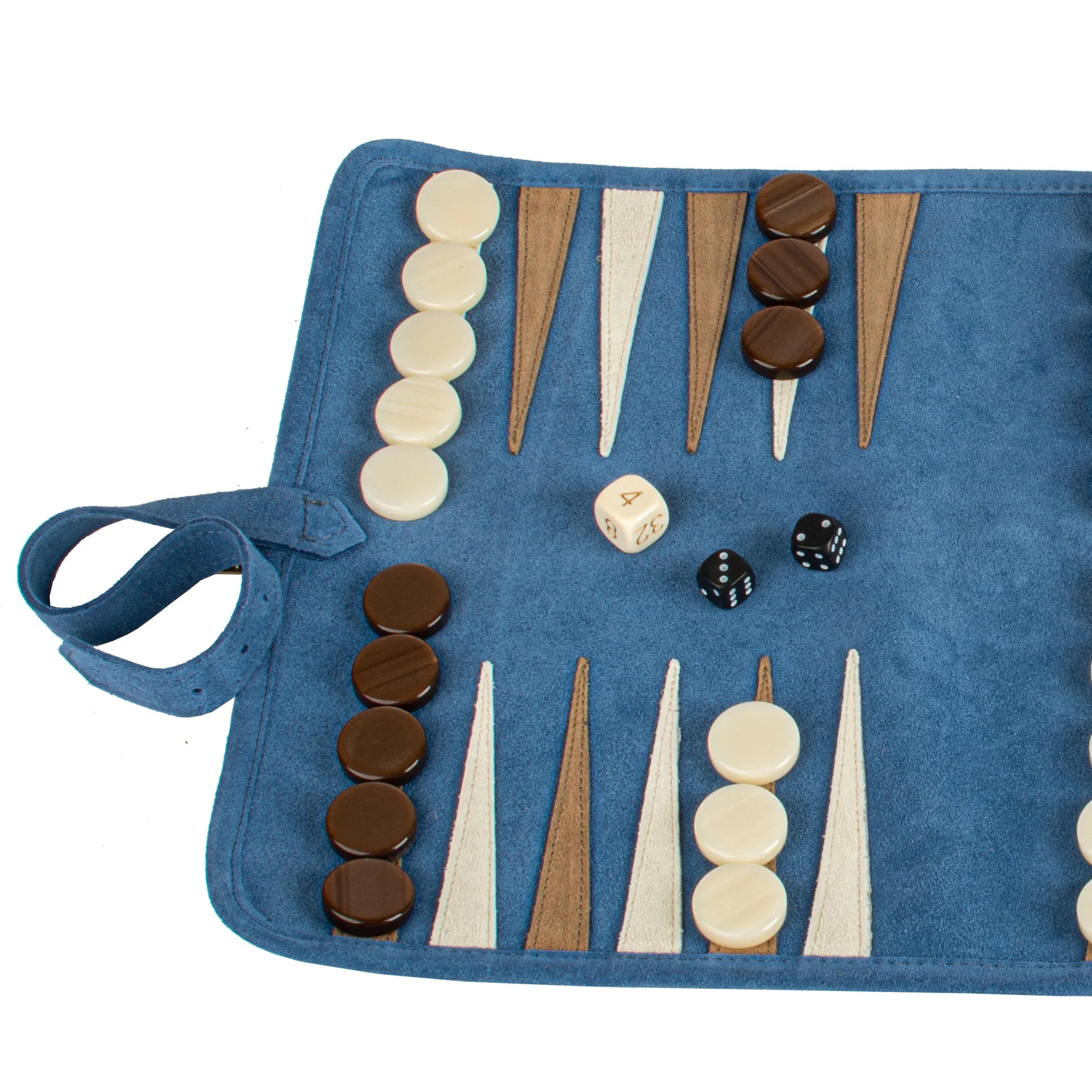 PREMIUM HANDCRAFTED DENIM BLUE SUEDE ROLL-UP BACKGAMMON SET