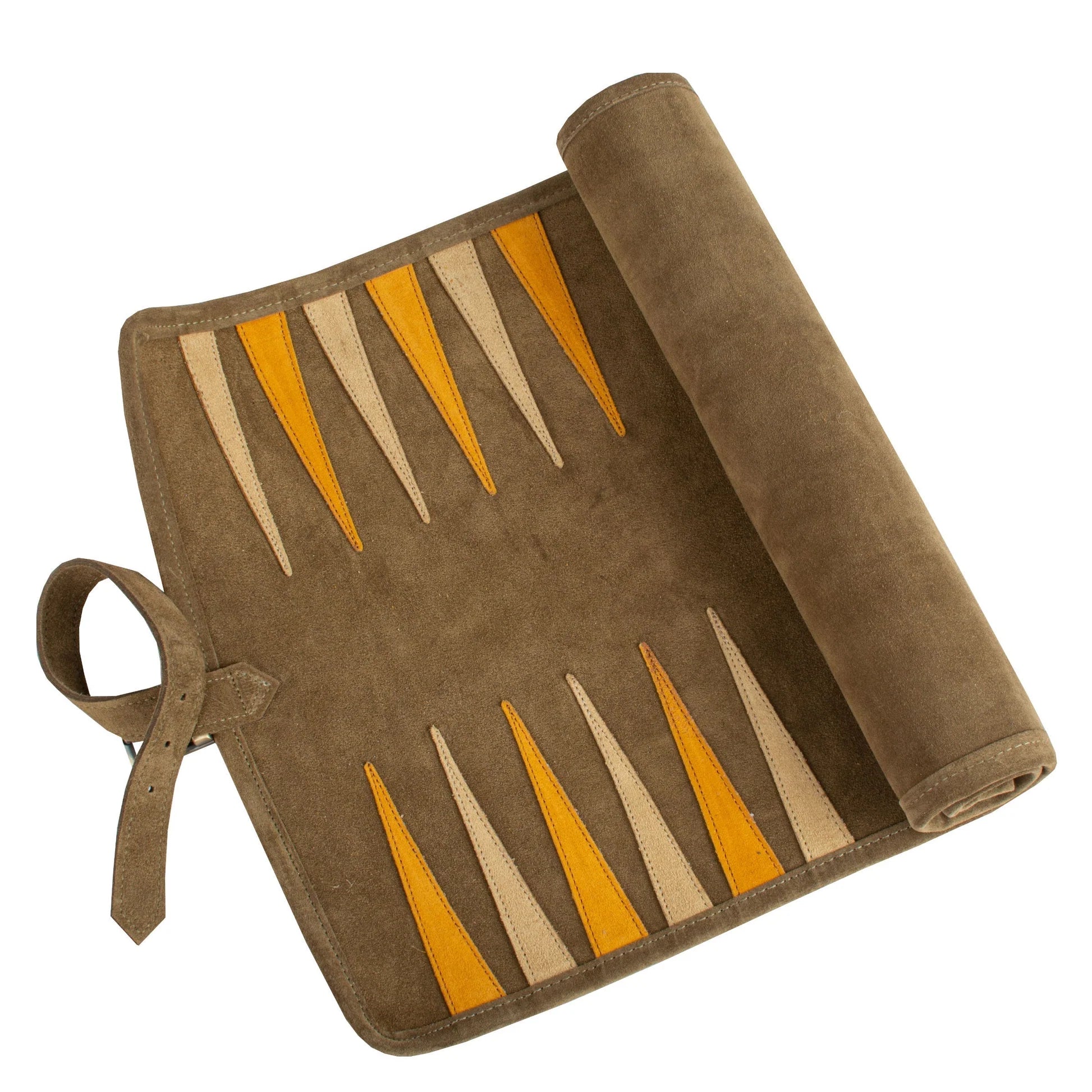 PREMIUM HANDCRAFTED KHAKI SUEDE ROLL-UP BACKGAMMON SET