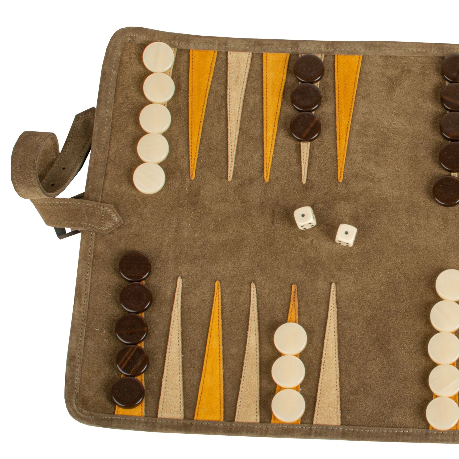 PREMIUM HANDCRAFTED KHAKI SUEDE ROLL-UP BACKGAMMON SET