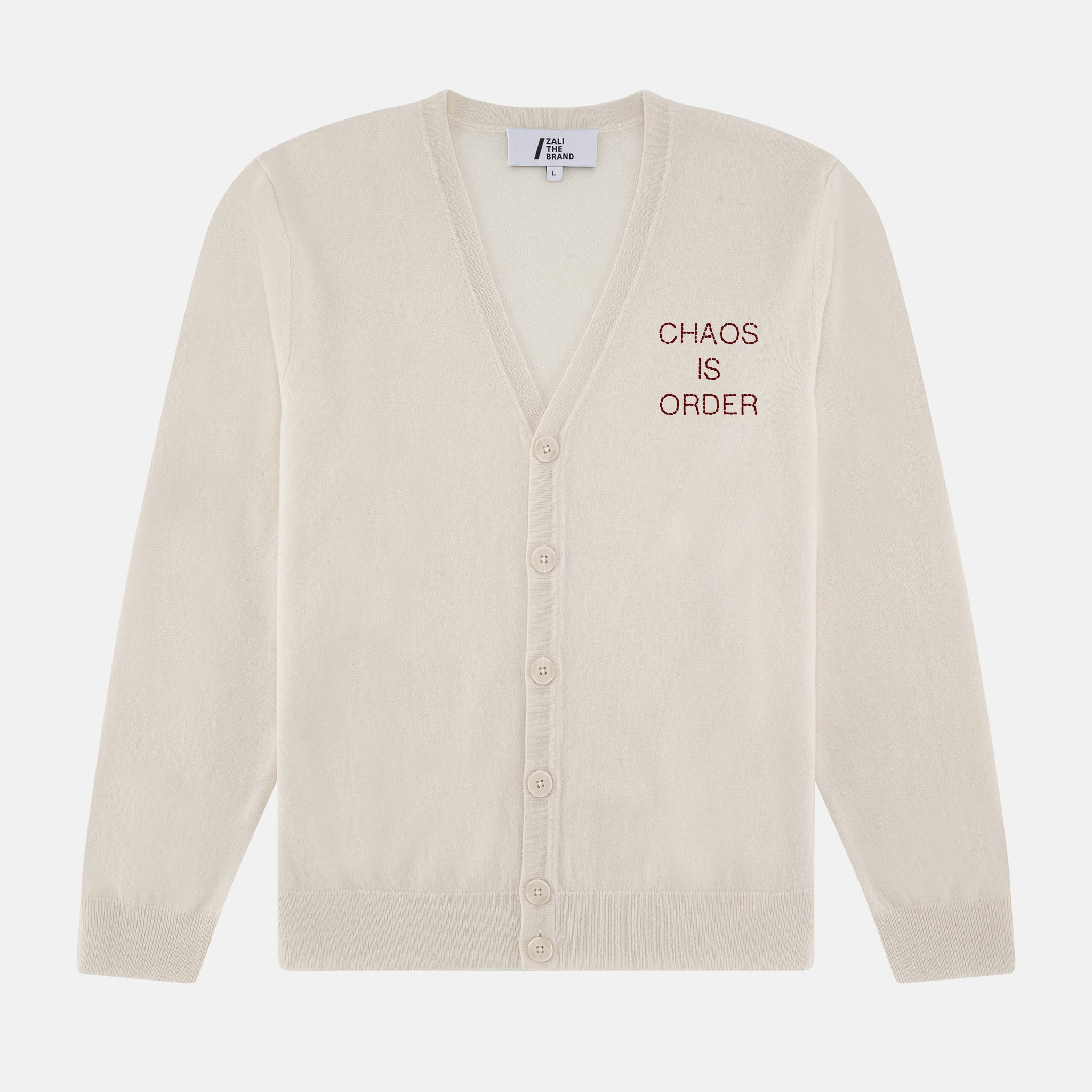 UNISEX "CHAOS IS ORDER" EMBROIDERED CARDIGAN OFF-WHITE