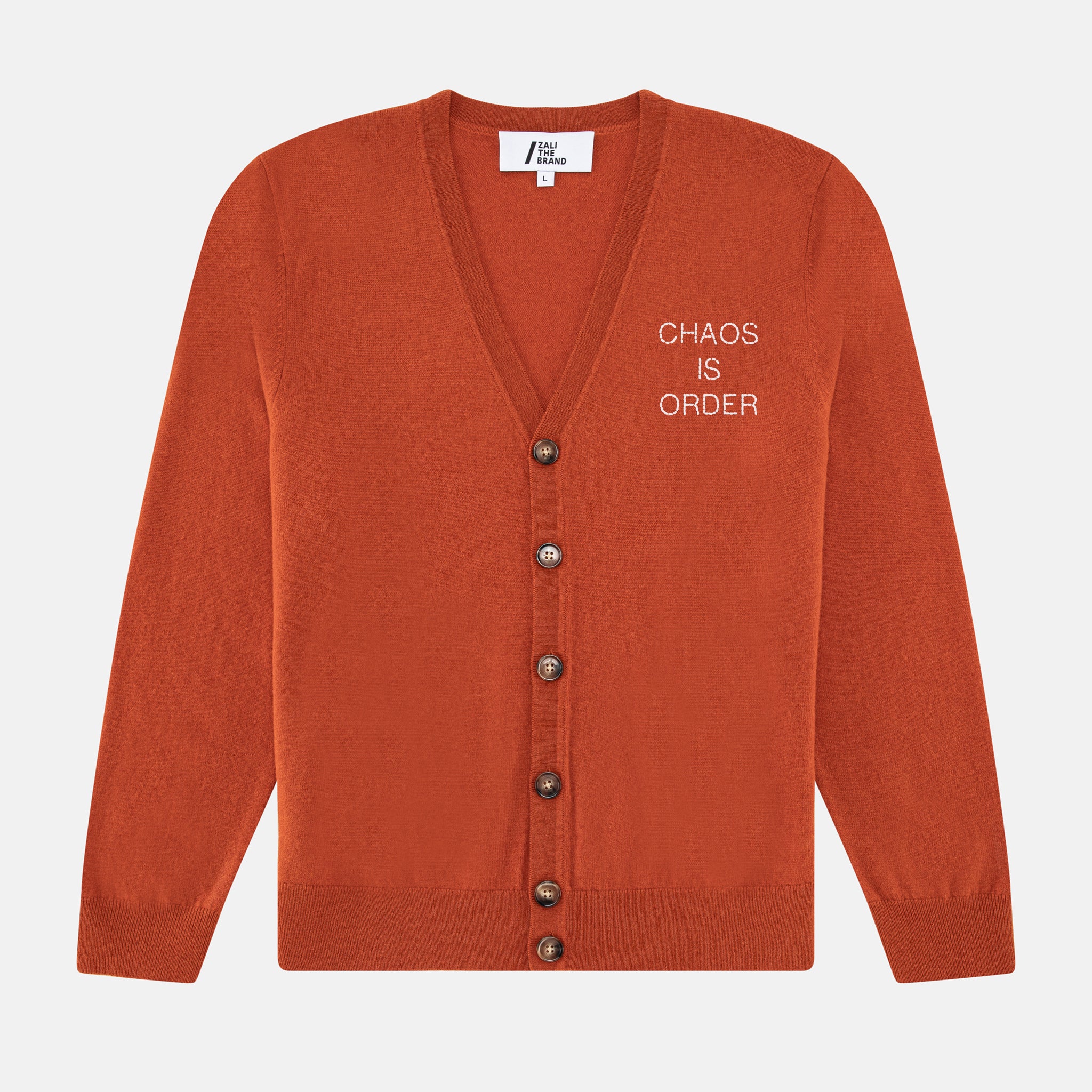 UNISEX "CHAOS IS ORDER" EMBROIDERED CARDIGAN ORANGE