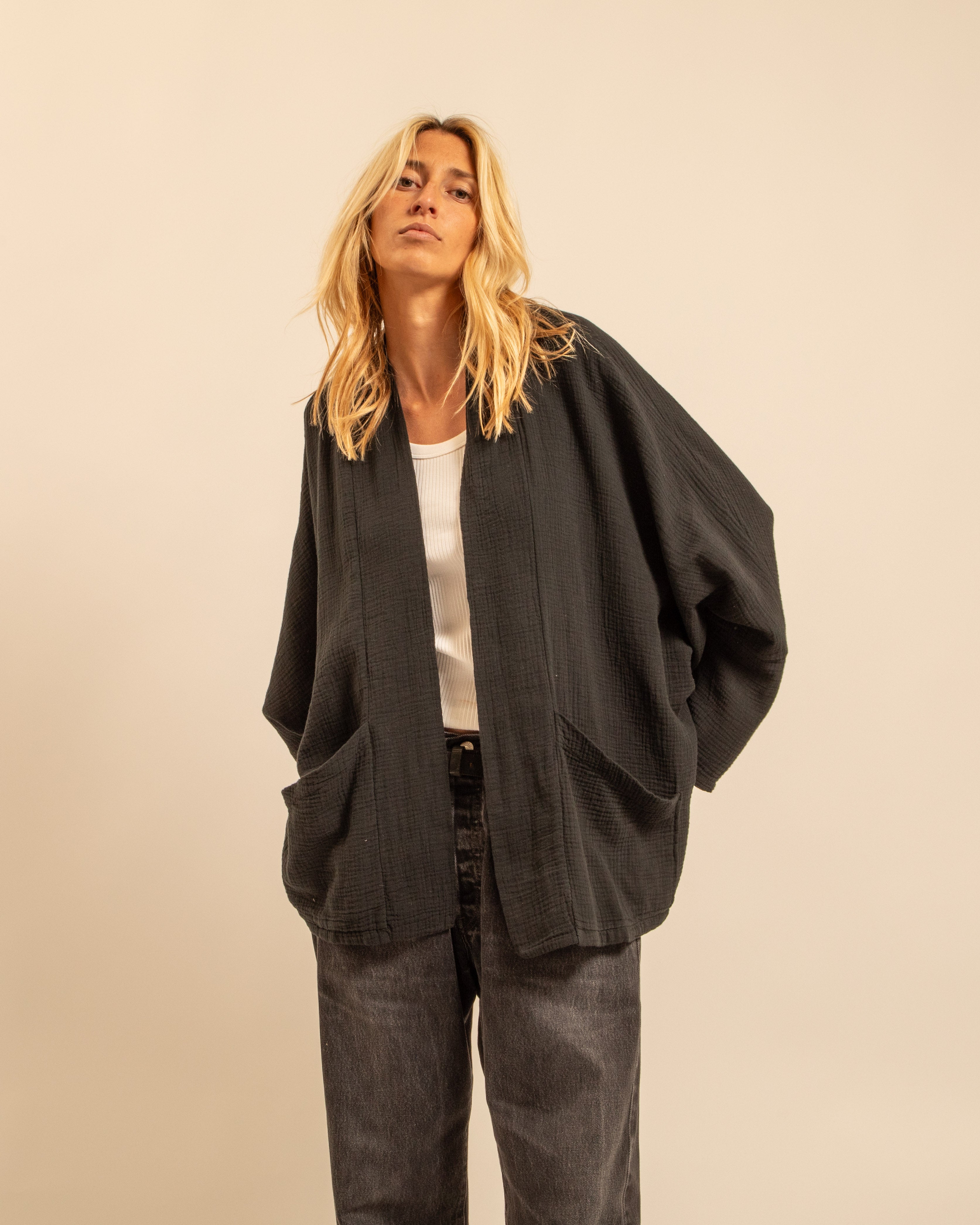 CHICAGO1 KIMONO VEST PLAIN BLACK