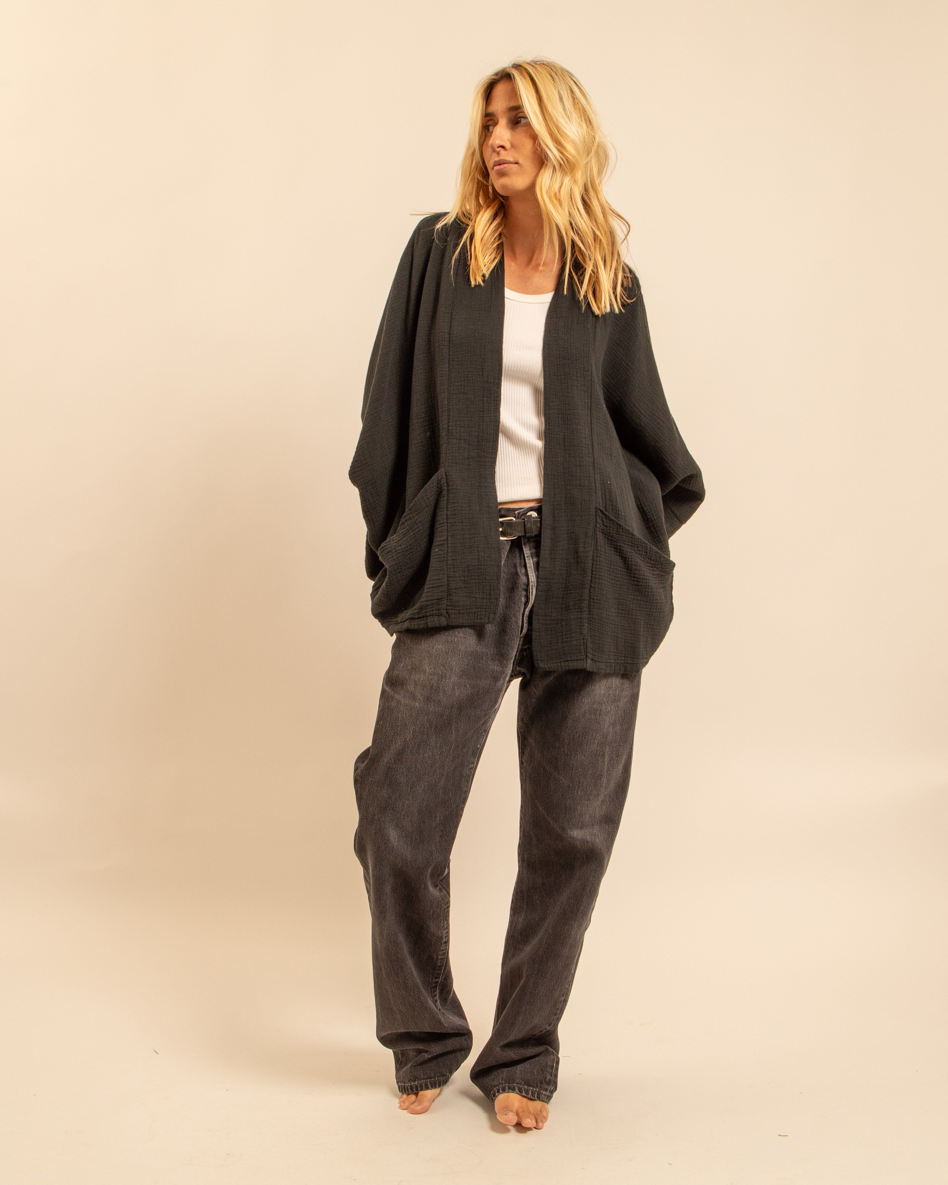 CHICAGO1 KIMONO VEST PLAIN BLACK