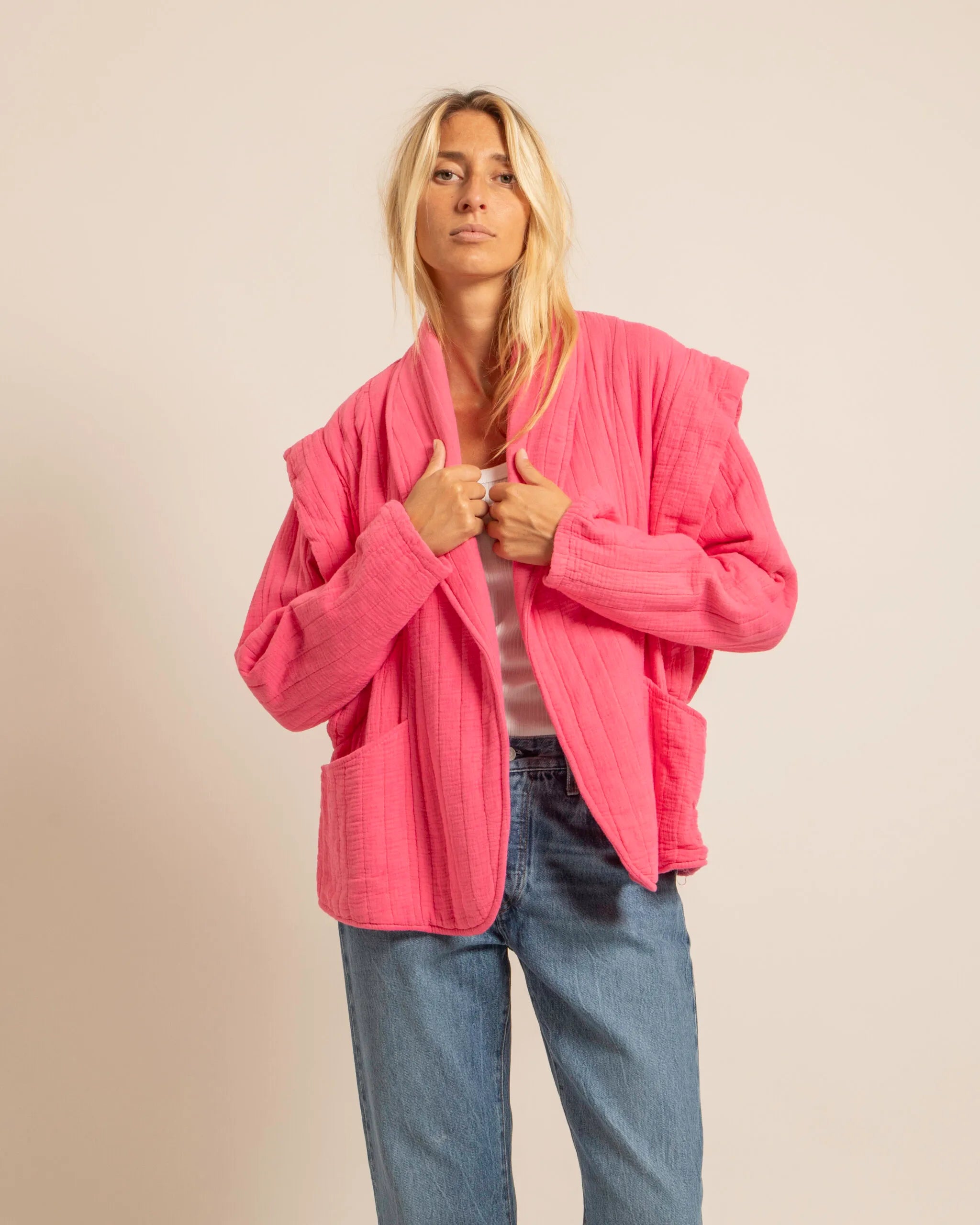 SANFRANSISCO1 KIMONO VEST PLAIN PINK