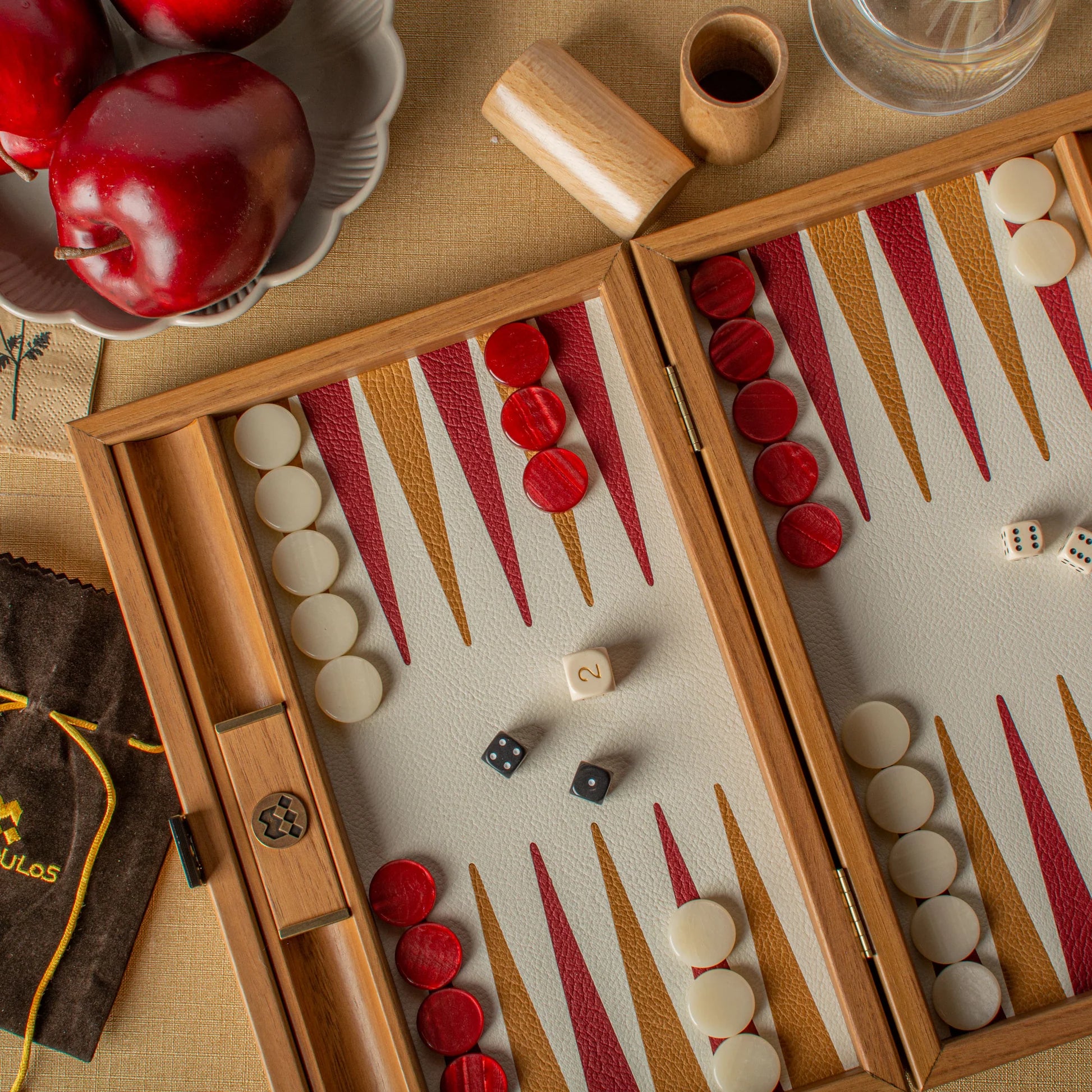 HANDCRAFTED WOVEN LEATHER BACKGAMMON SET RED