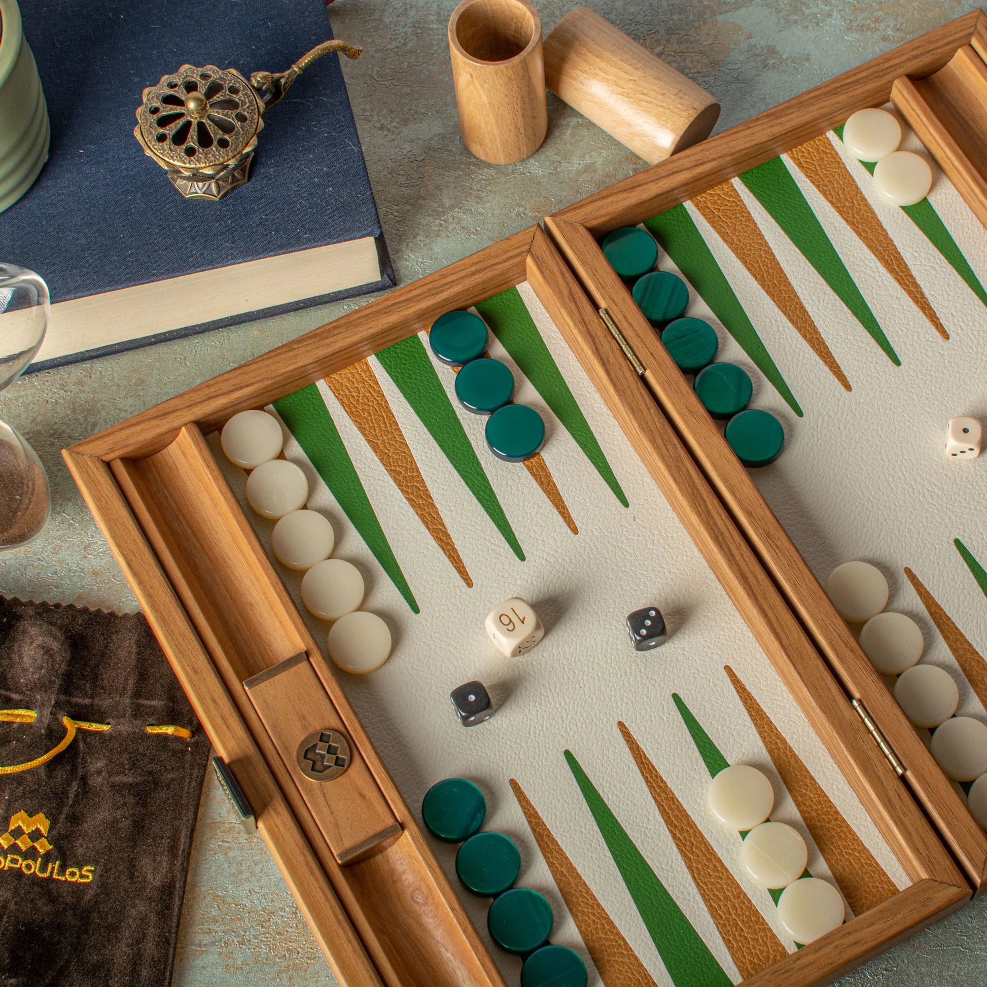 HANDCRAFTED WOVEN LEATHER BACKGAMMON SET GREEN