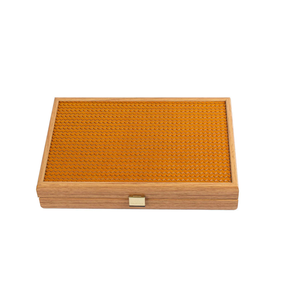HANDCRAFTED WOVEN LEATHER BACKGAMMON SET YELLOW MUSTARD