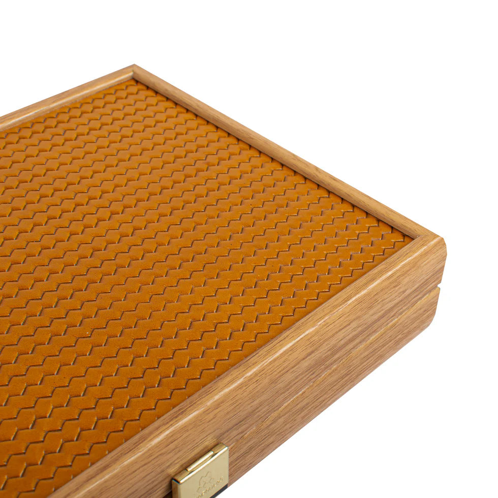 HANDCRAFTED WOVEN LEATHER BACKGAMMON SET YELLOW MUSTARD