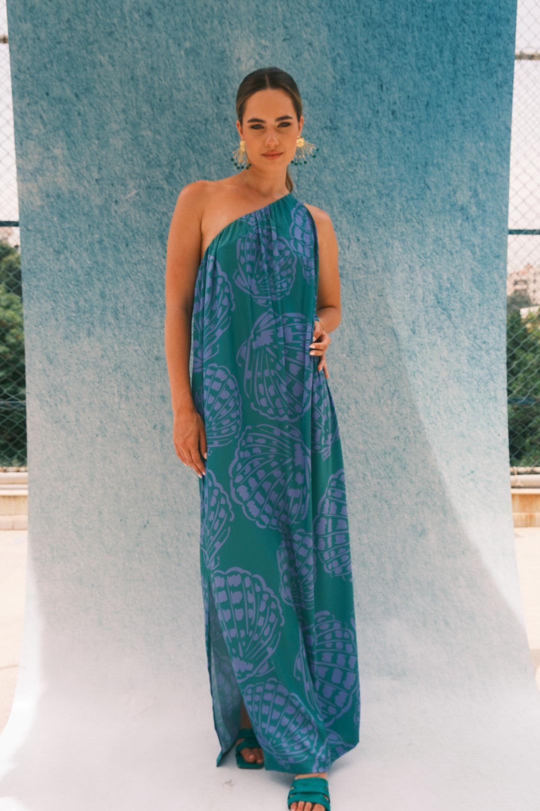 ARIEL ONE SHOULDER LONG DRESS GREEN LILAC