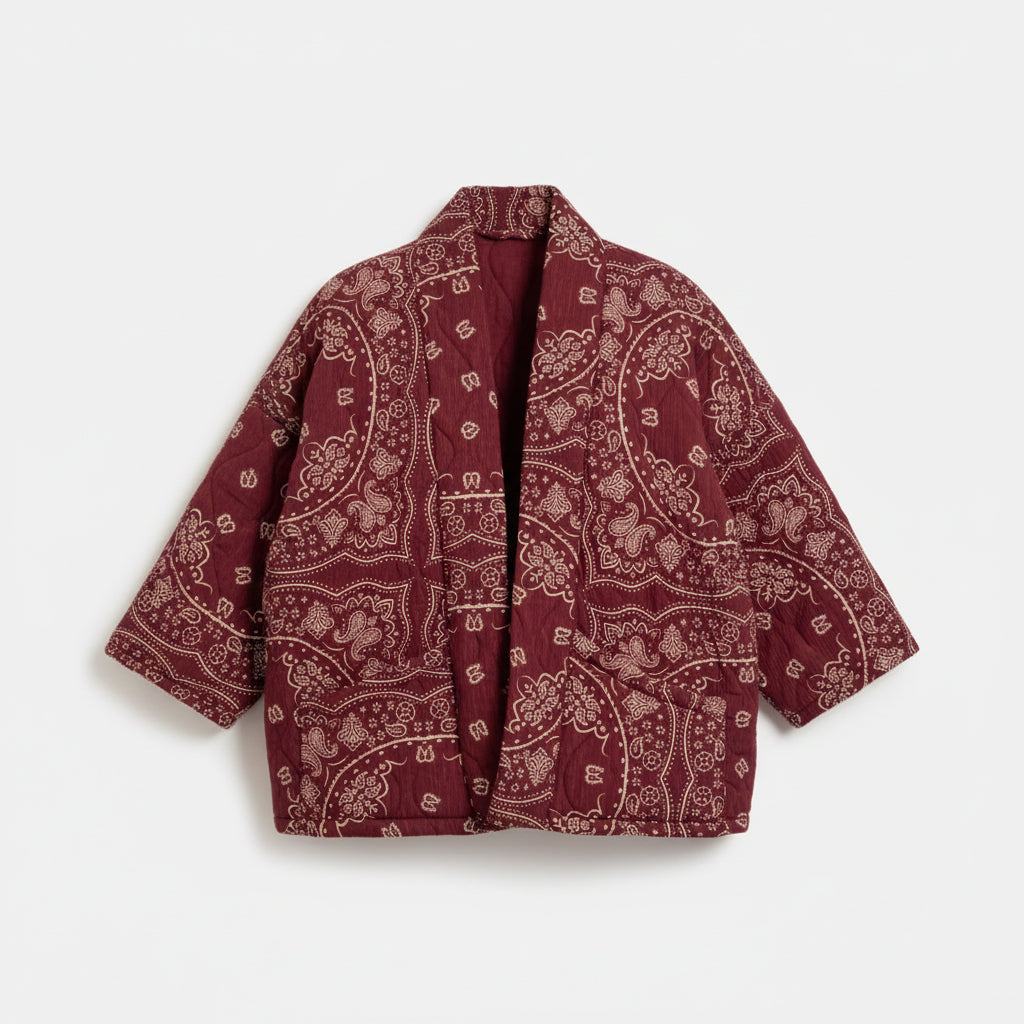CHICAGO4 VEST BANDANA PRINT KIMONO BURGUNDY
