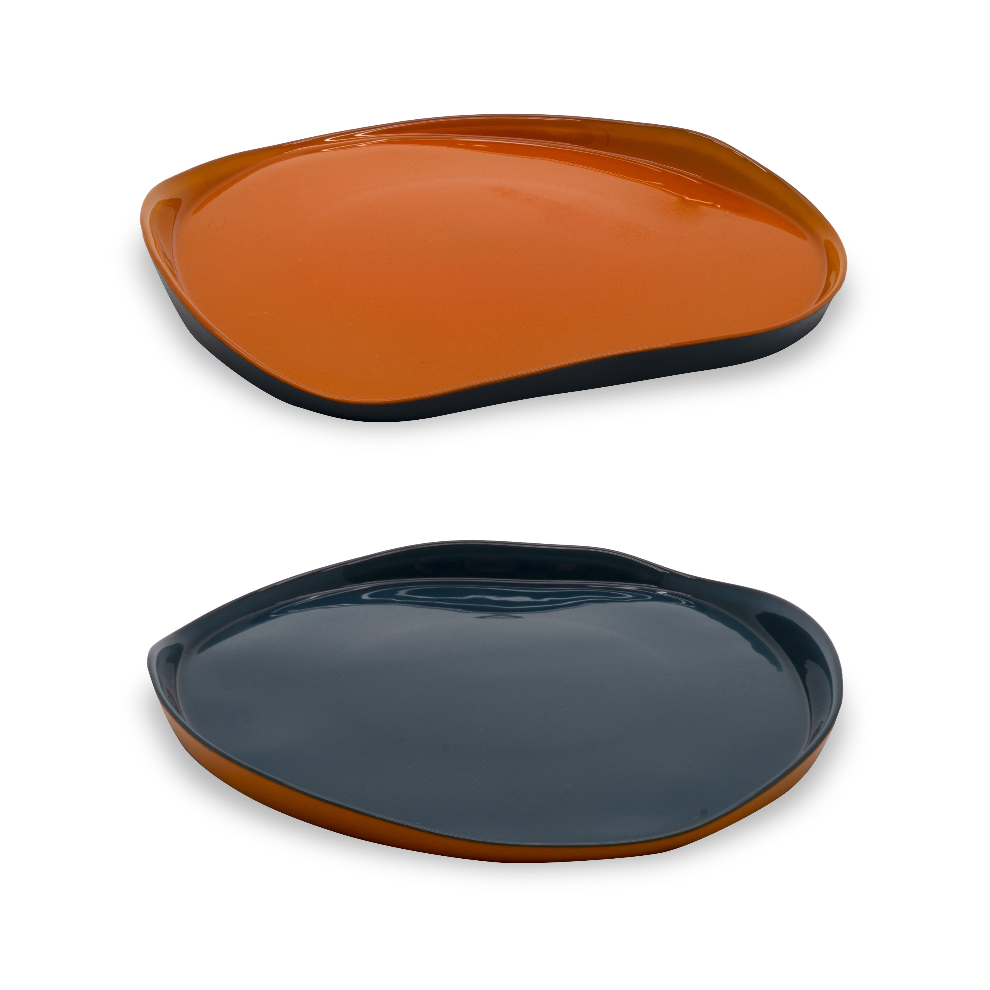 SET OF 2 GLASS PLATES ORANGE & NAVY
