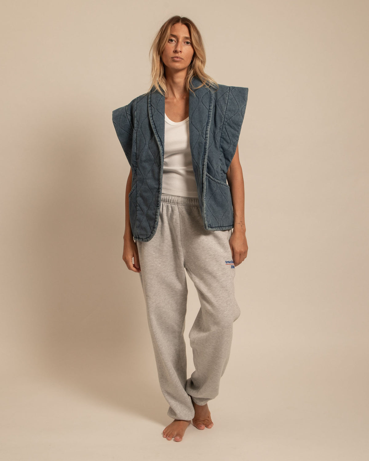 BROOK1 DENIM SLEEVELESS VEST STONE WASH