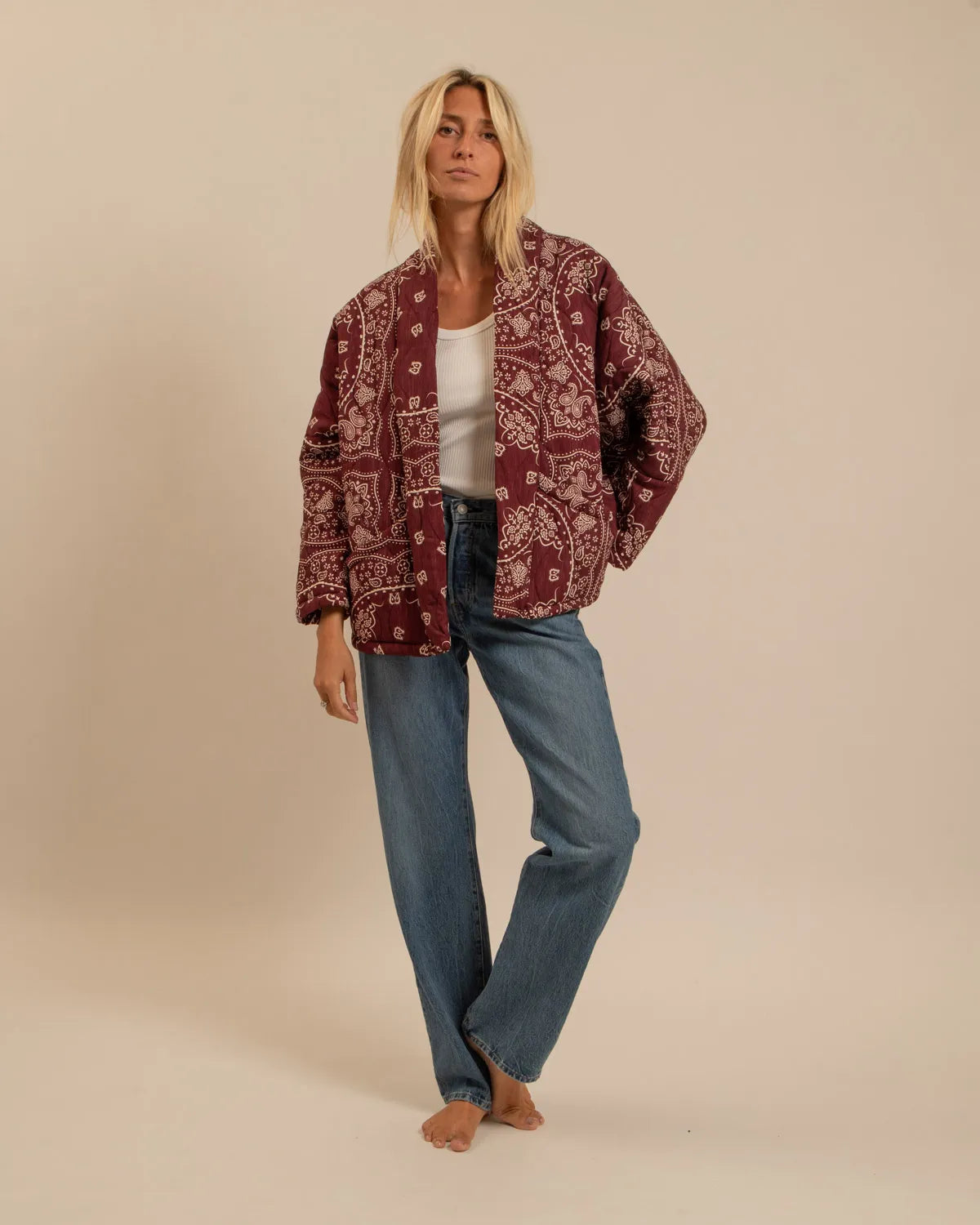 CHICAGO4 VEST BANDANA PRINT KIMONO BURGUNDY