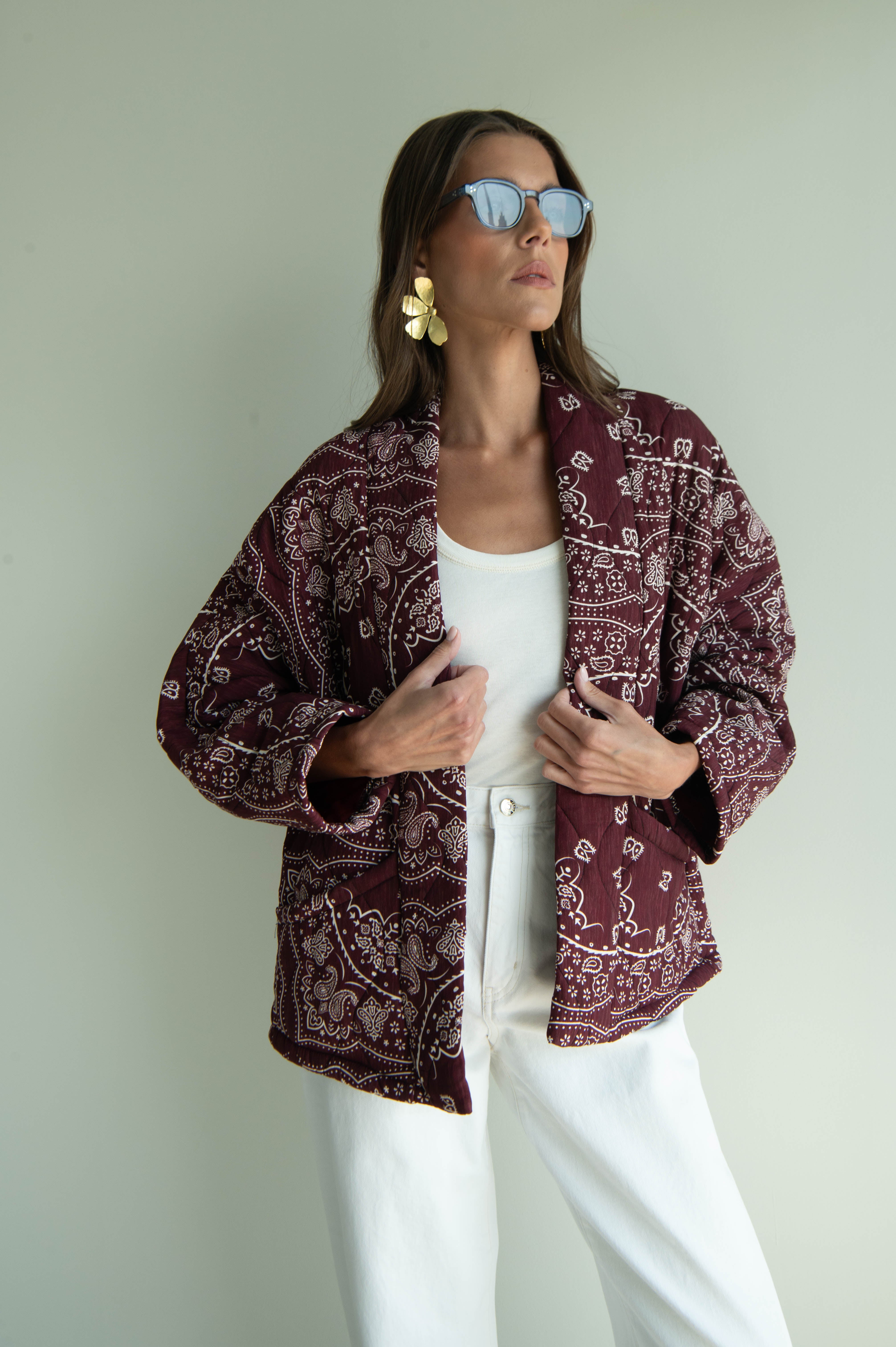 CHICAGO4 VEST BANDANA PRINT KIMONO BURGUNDY