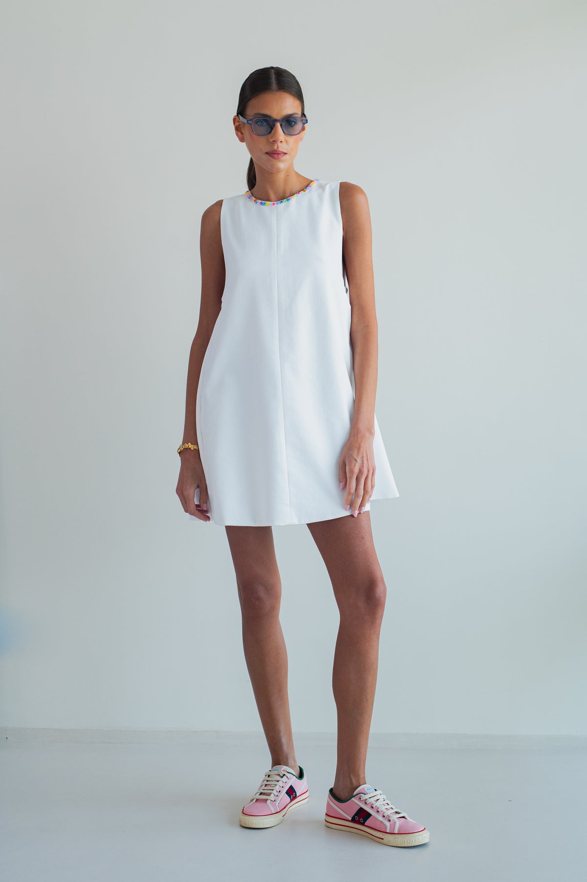 LOLITA WHITE DENIM DRESS WITH HAND EMBROIDERED FLOWERS