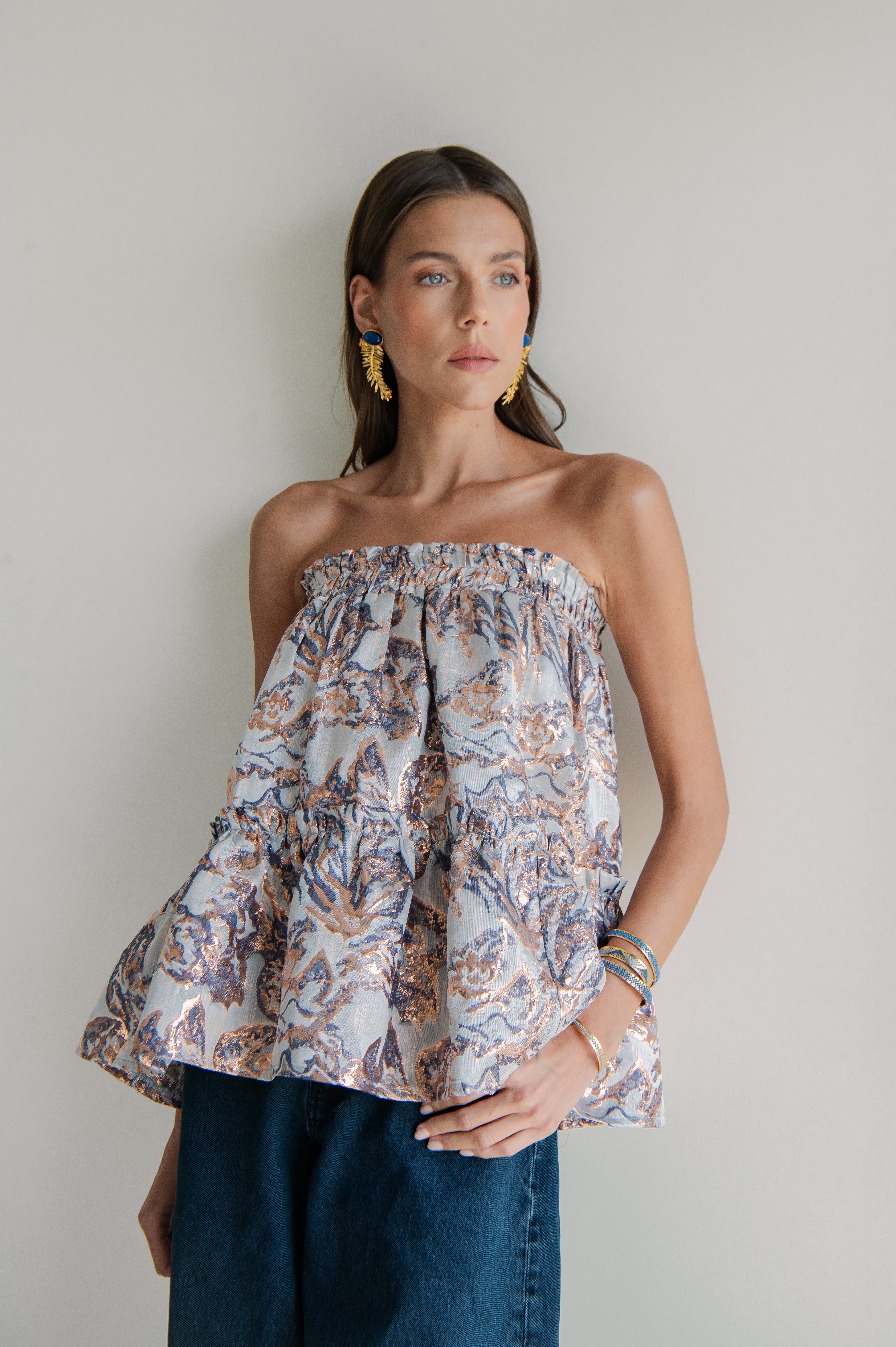 TIA ABSTRACT METALLIC STRAPLESS MULTI TOP