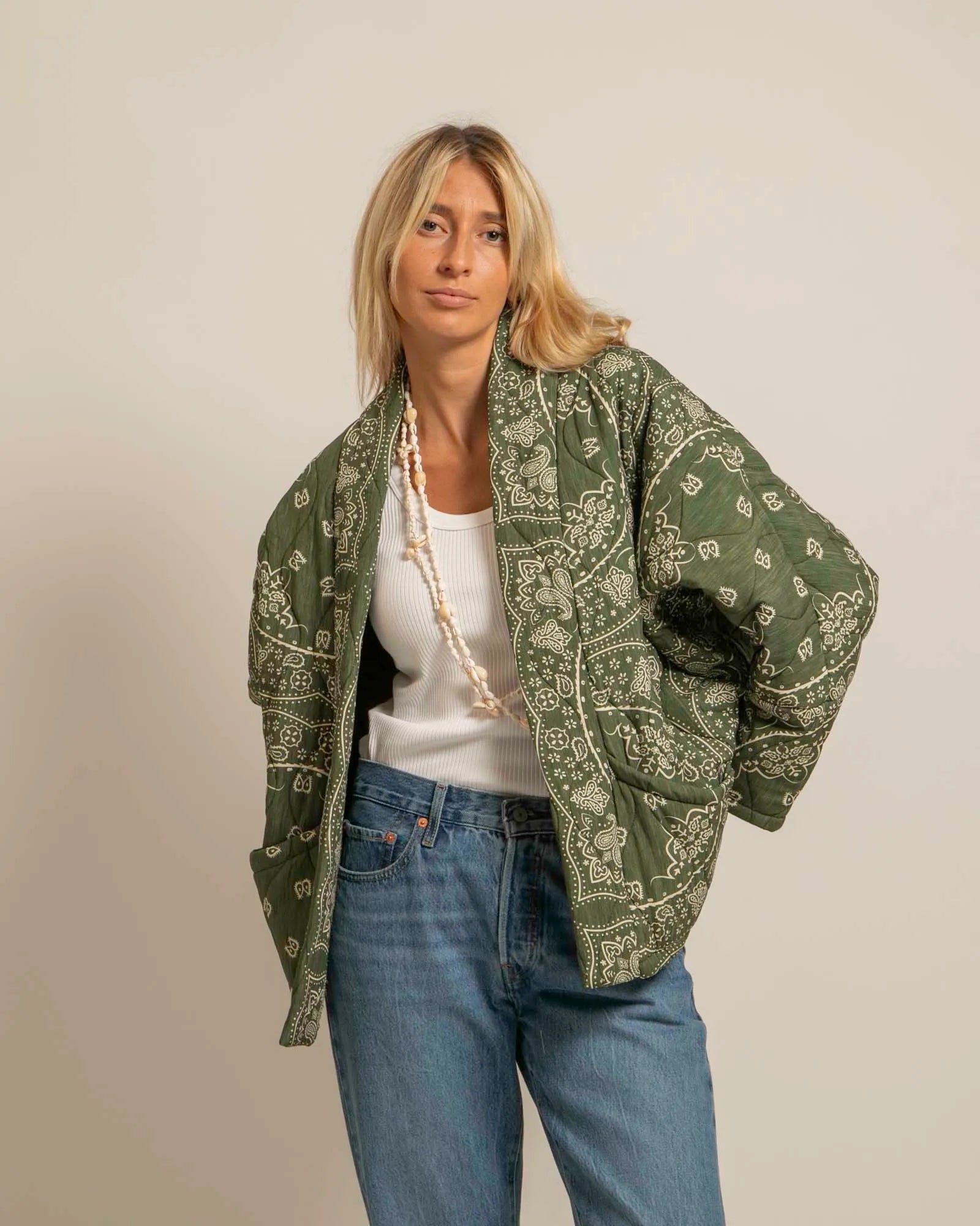 CHICAGO4 VEST BANDANA PRINT KIMONO KHAKI