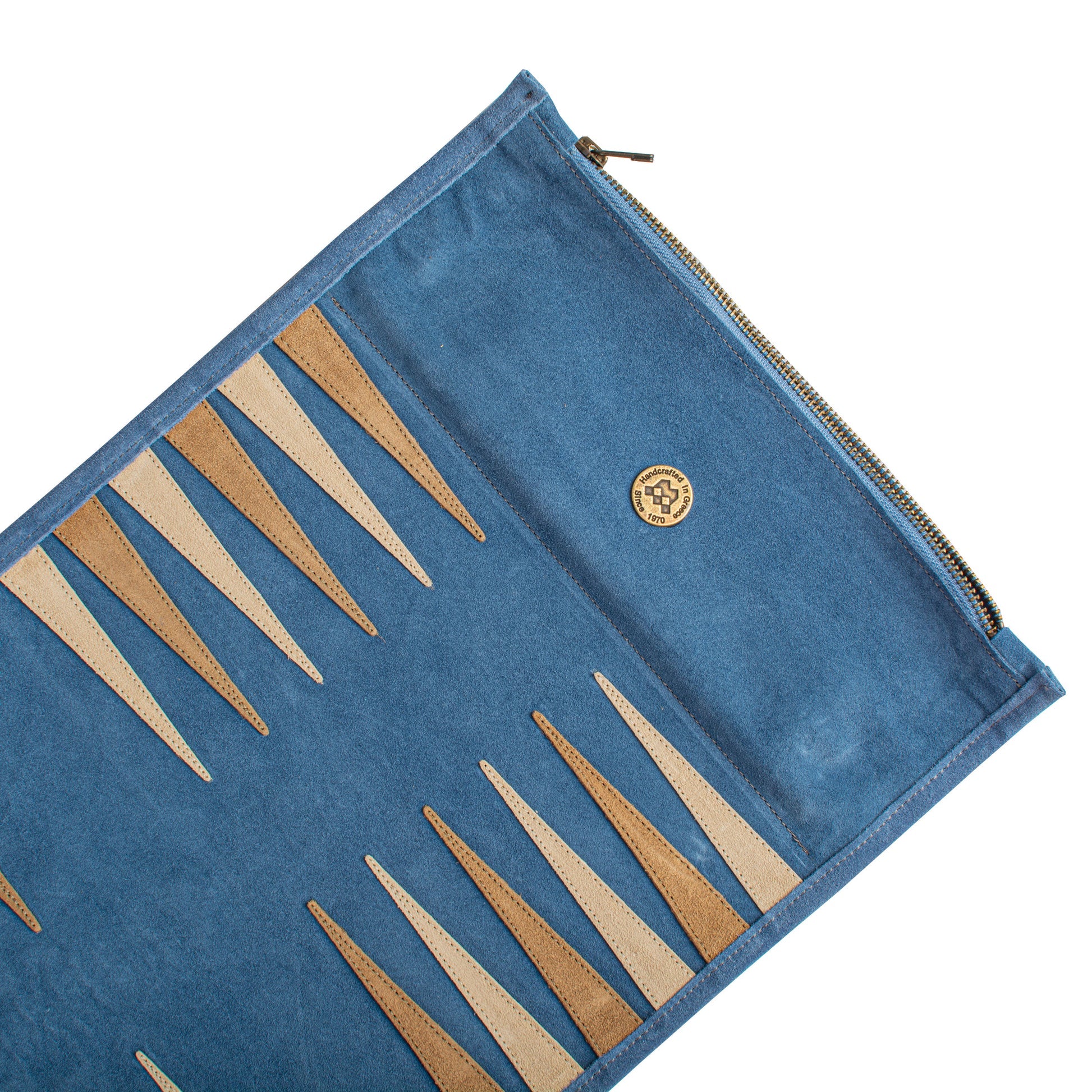 PREMIUM HANDCRAFTED DENIM BLUE SUEDE ROLL-UP BACKGAMMON SET